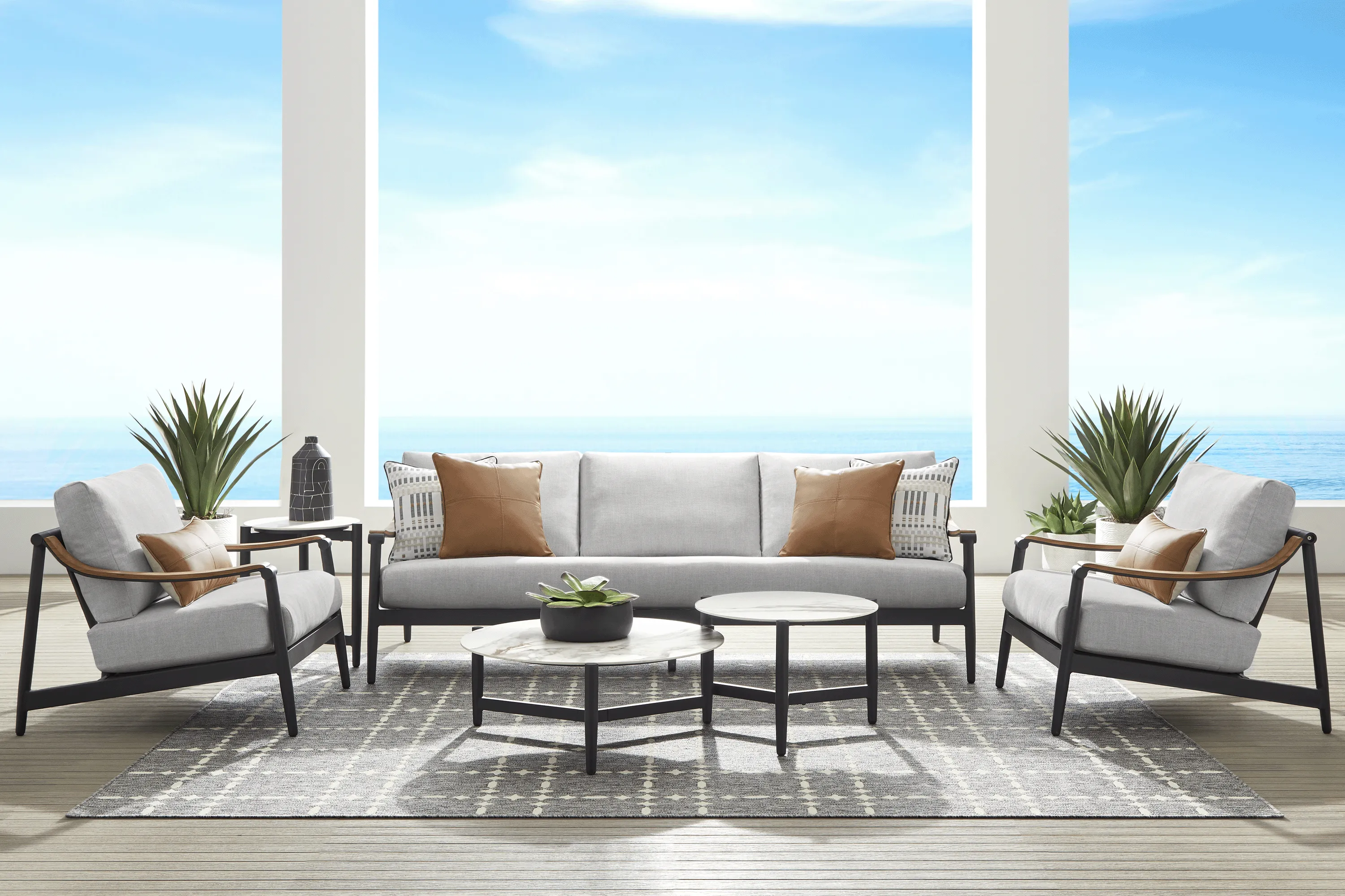 Harlowe Black 5 Pc Outdoor Seating Set with Dove Cushions - Thumbnail - Image 1