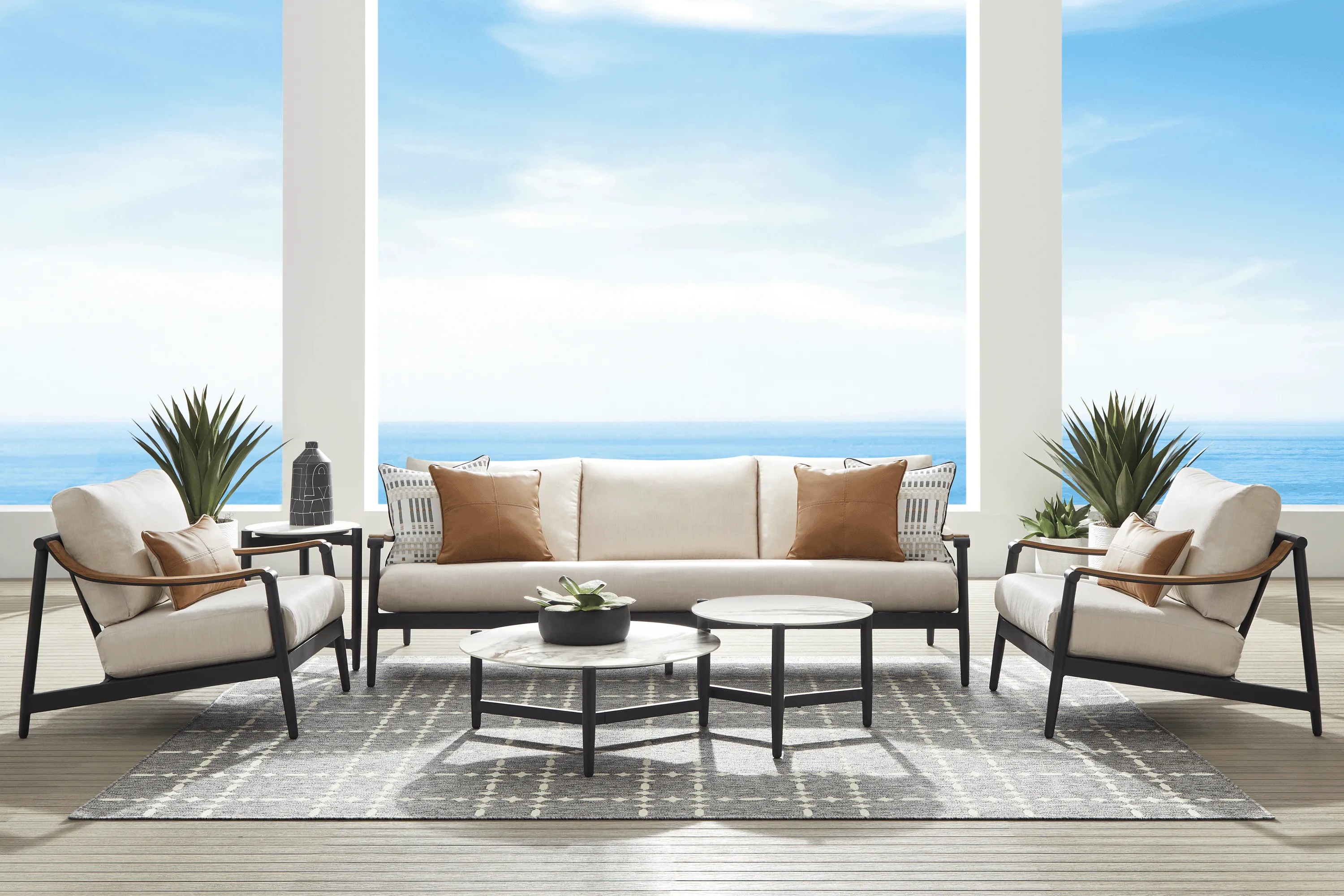 Harlowe Black 5 Pc Outdoor Seating Set with Flax Cushions - Thumbnail - Image 1