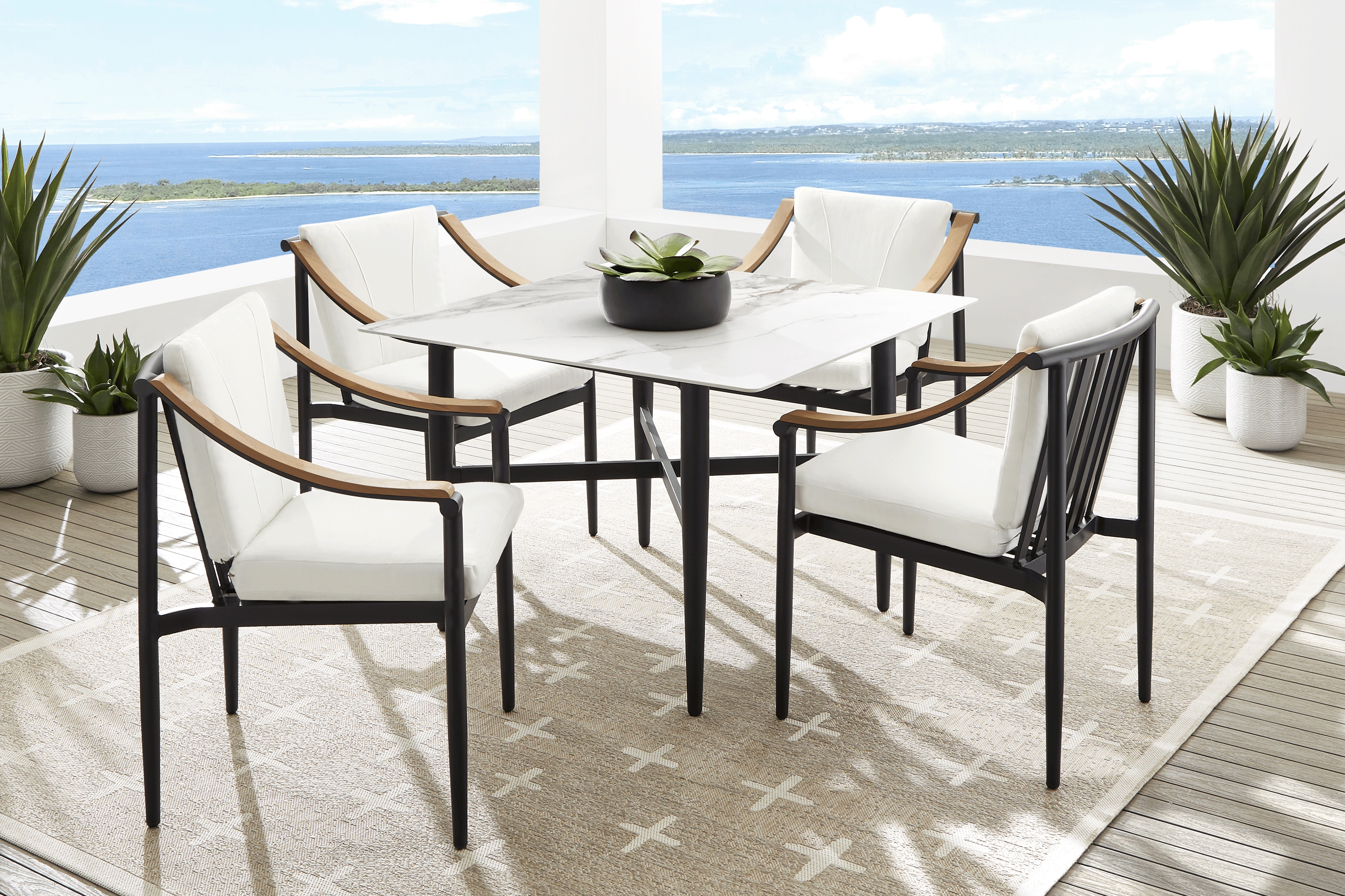 Harlowe Black 5 Pc Outdoor Square Dining Set with White Cushions - Thumbnail - Image 1