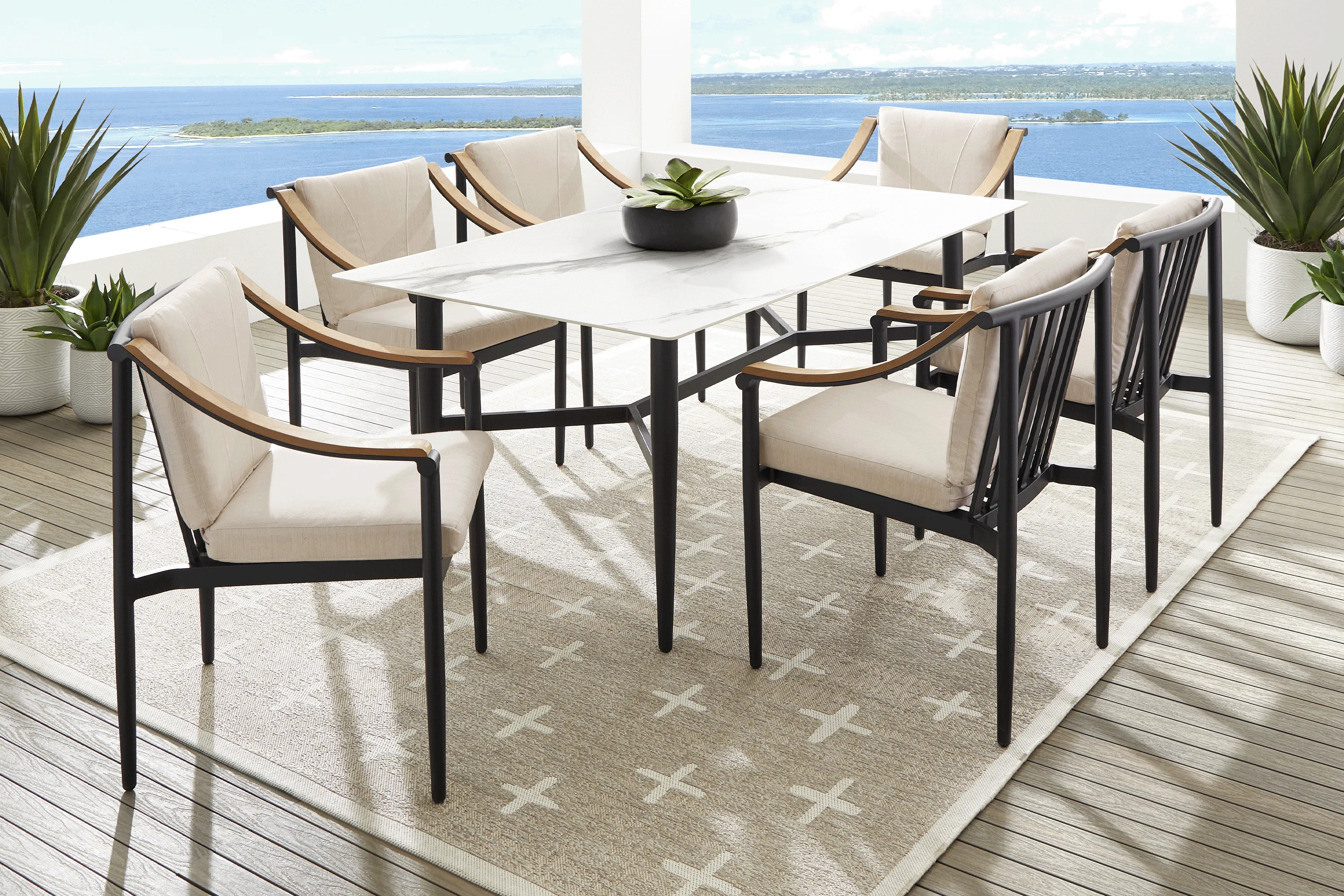 Harlowe Black 7 Pc Outdoor Rectangle Dining Set with Flax Cushions - Thumbnail - Image 1