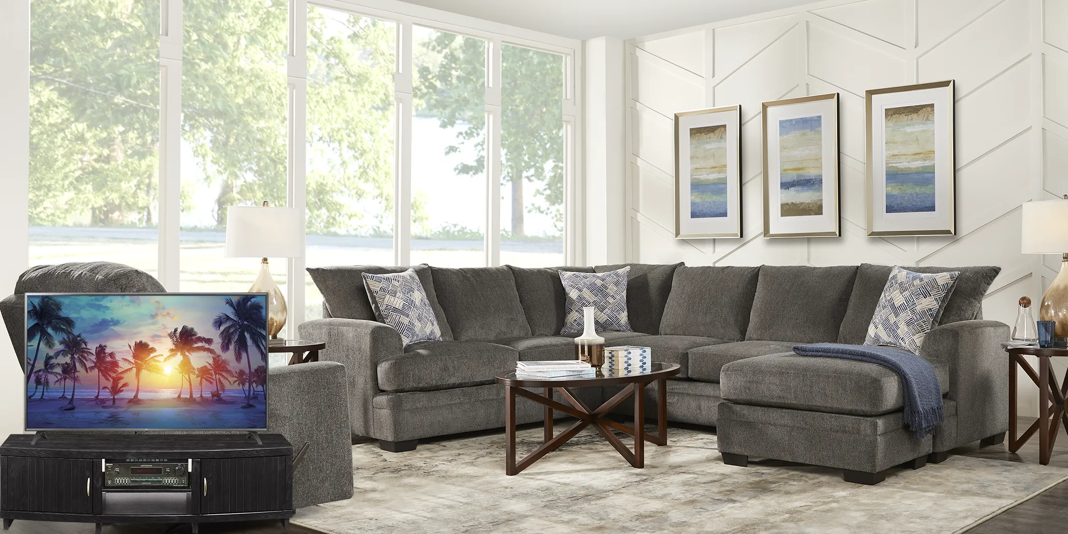 Harold Square Pewter 7 Pc Sectional Living Room Plus 65 in. TV - Thumbnail - Image 1
