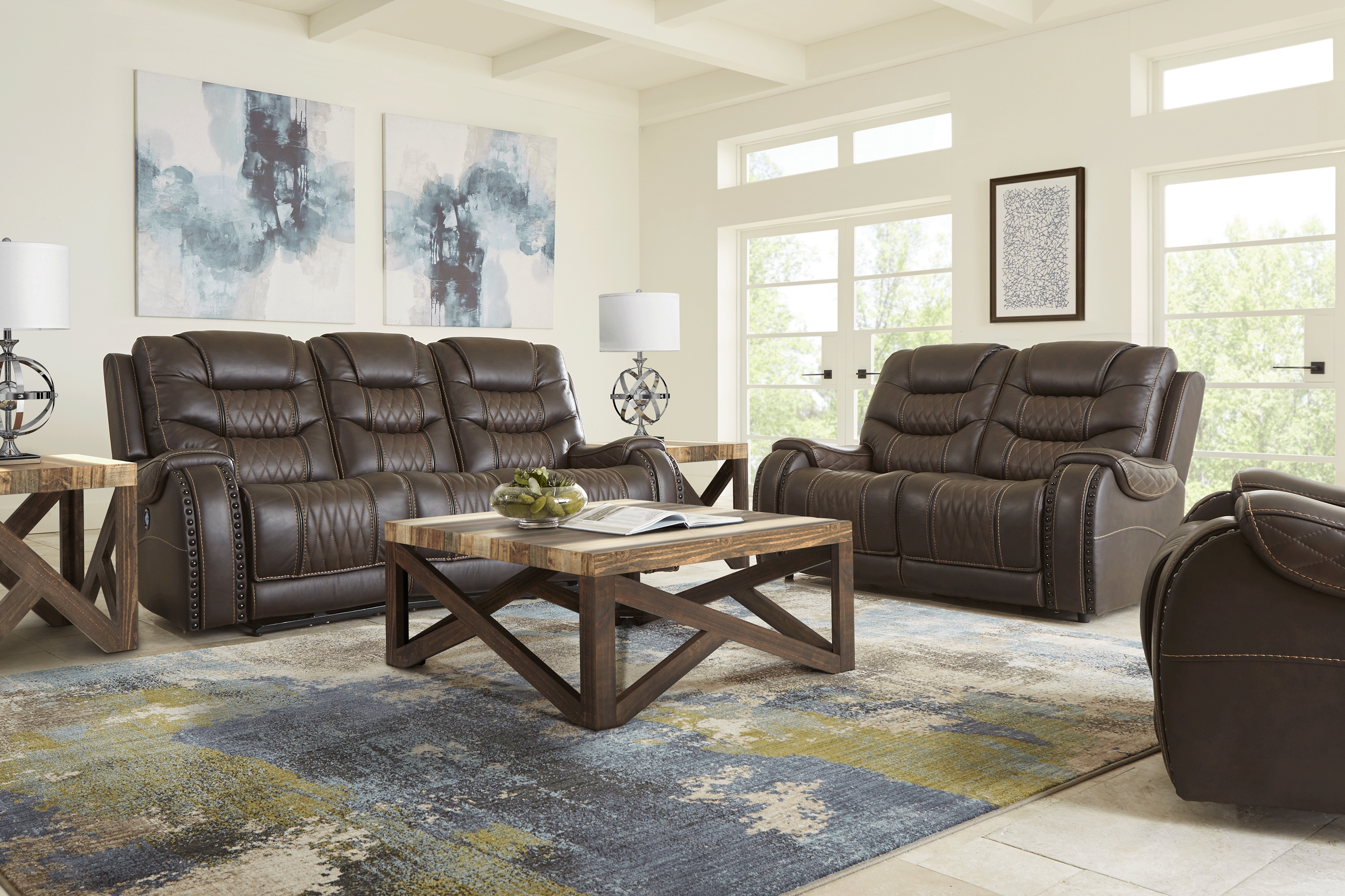Headliner Brown Leather 5 Pc Living Room with Reclining Sofa - Thumbnail - Image 1