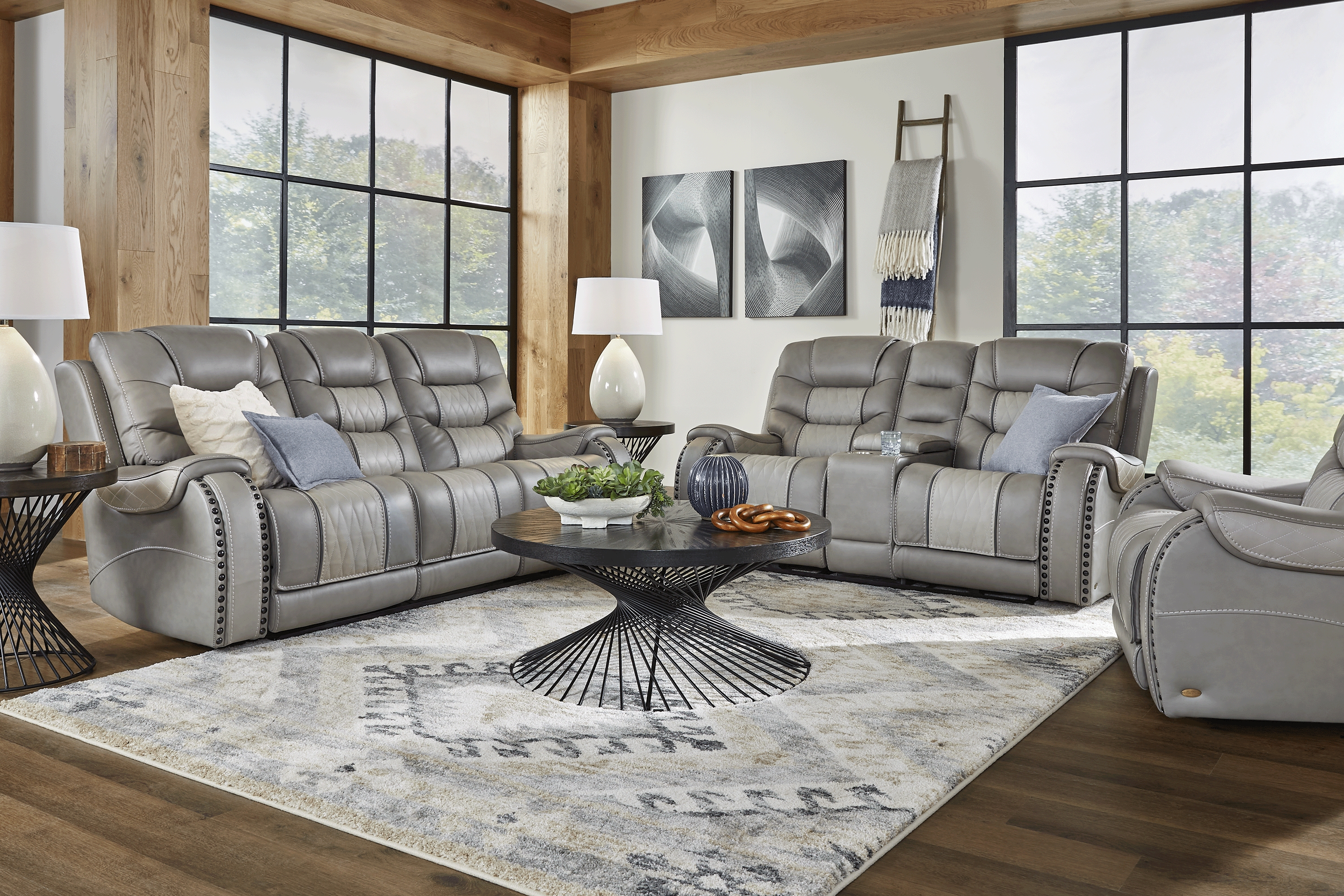 Headliner Gray Leather 5 Pc Dual Power Reclining Living Room - Thumbnail - Image 1