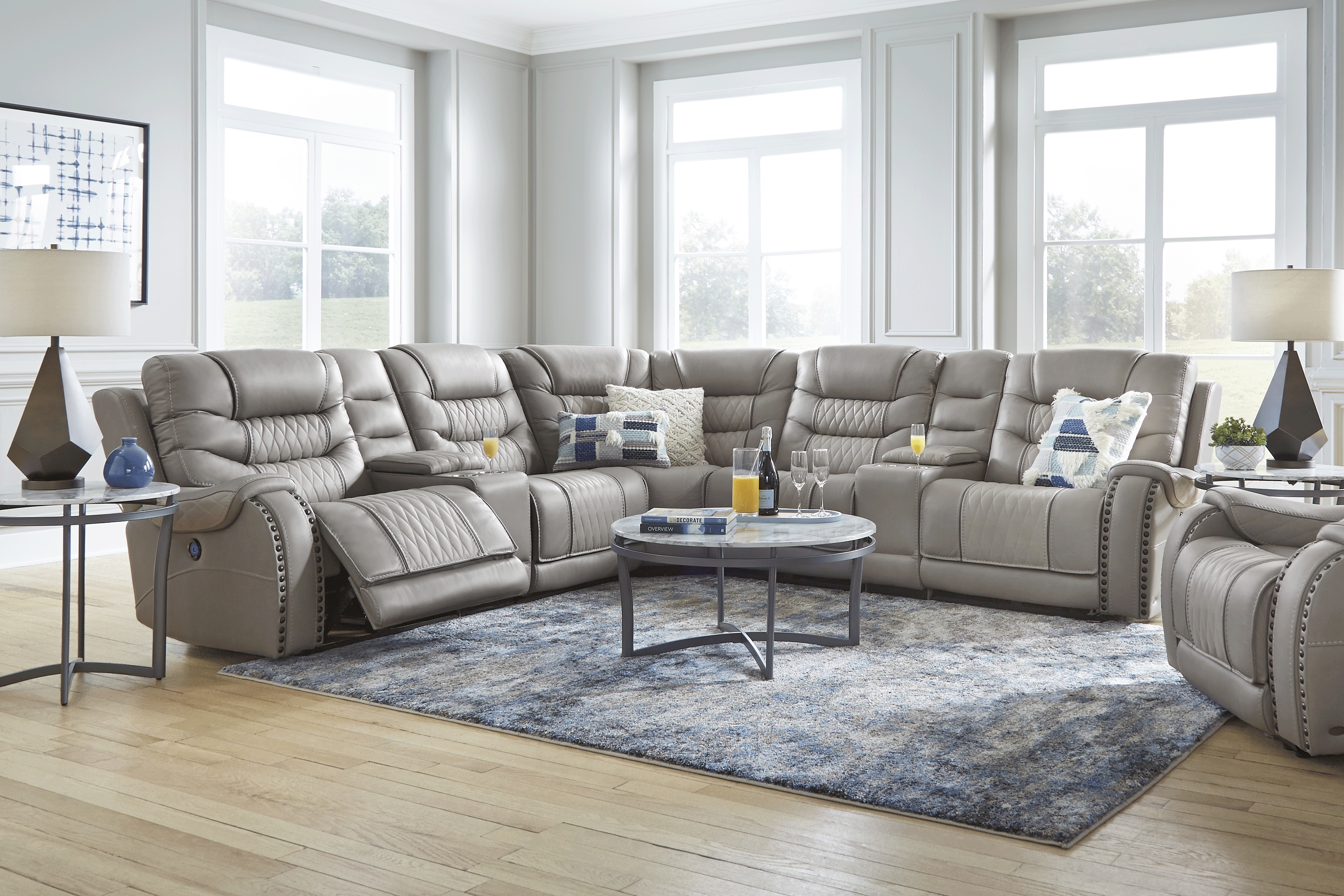 Headliner Gray Leather 7 Pc Dual Power Reclining Sectional - Thumbnail - Image 2