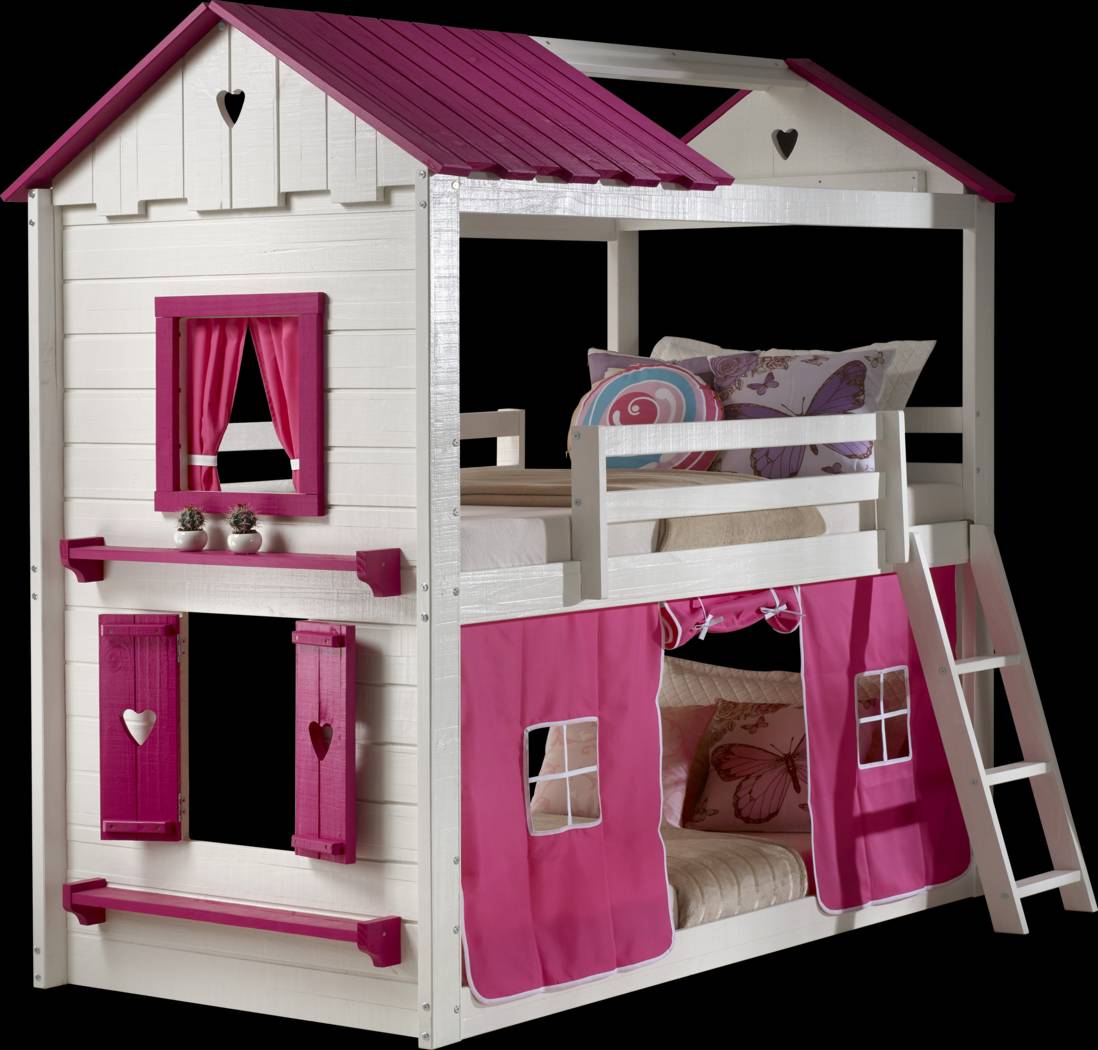 Heartbeat Cottage White Twin/Twin Bunk Bed with Pink Fabric - Thumbnail - Image 1