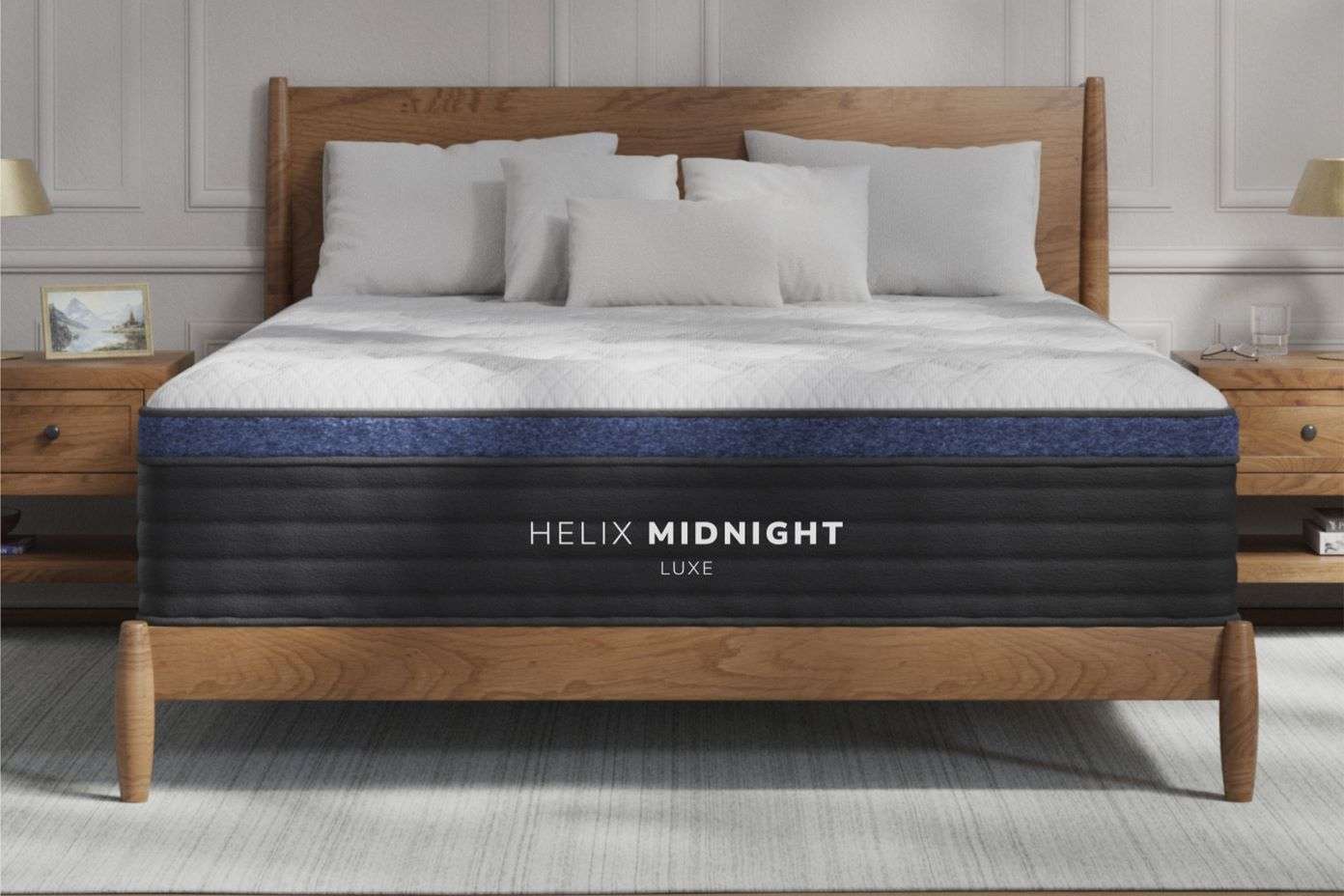 HELIX MIDNIGHT LUXE mattress on a wooden bed frame.
