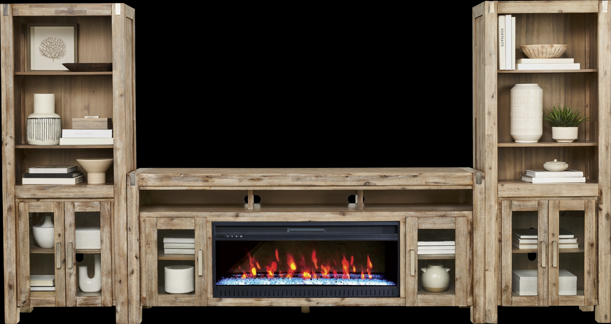 Hidden Springs II Natural 4 Pc Wall Unit with 80 in. Console and Electric Fireplace - Thumbnail - Image 2