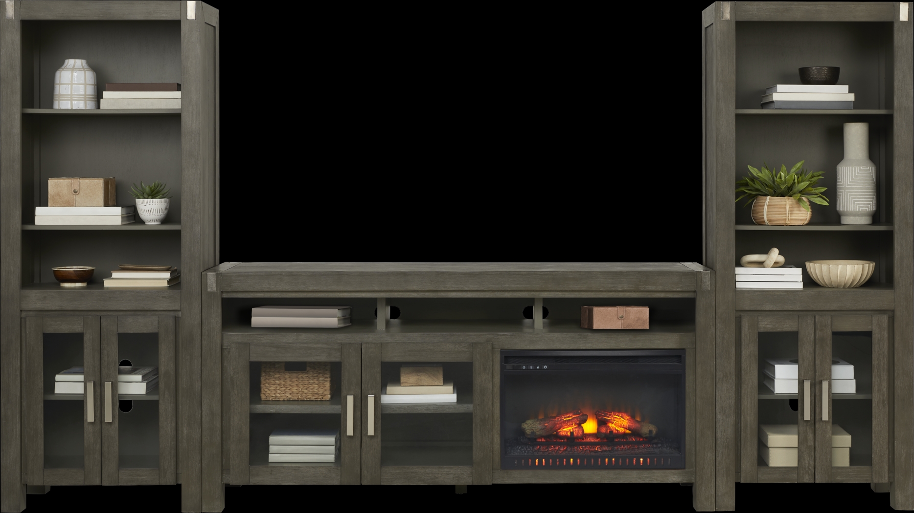 Hidden Springs II Gray 4 Pc Wall Unit with 72 in. Console and Electric Log Fireplace - Thumbnail - Image 2