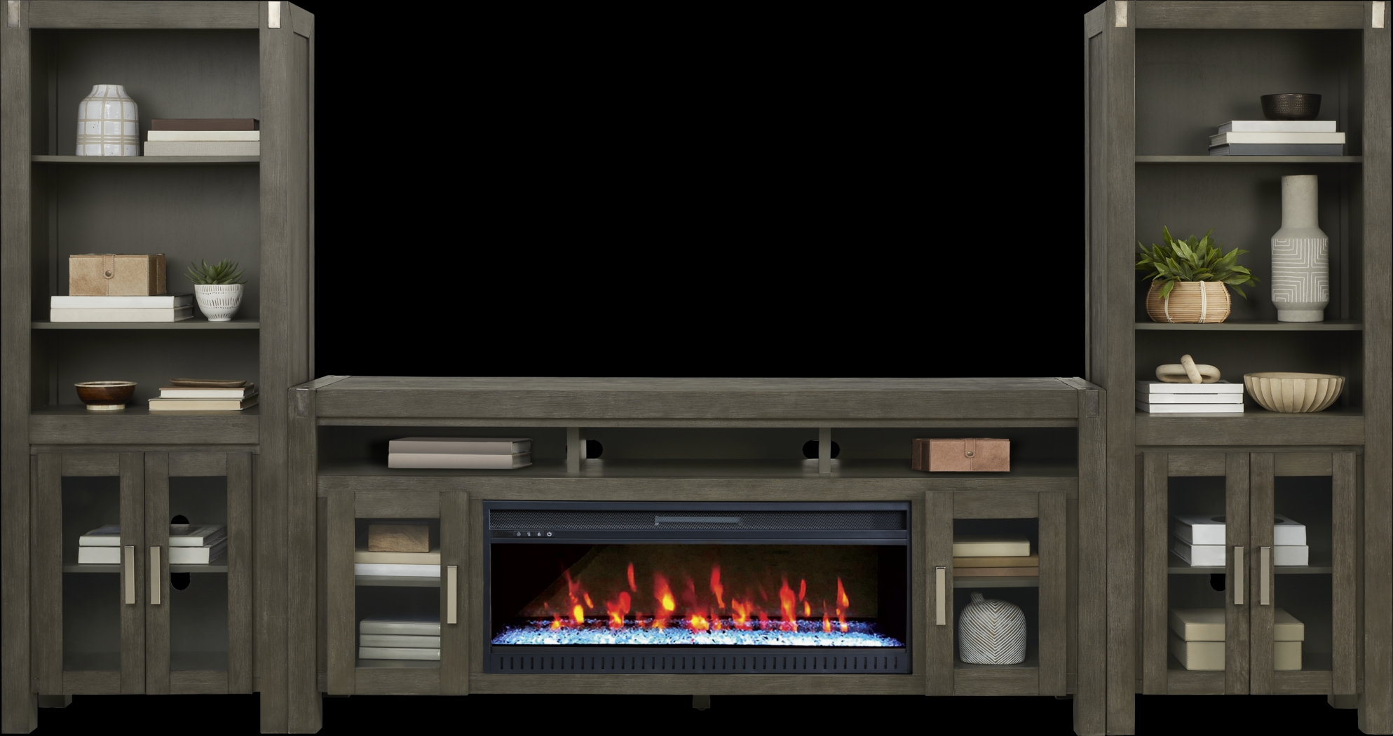 Hidden Springs II Gray 4 Pc Wall Unit with 80 in. Console and Electric Fireplace - Thumbnail - Image 2