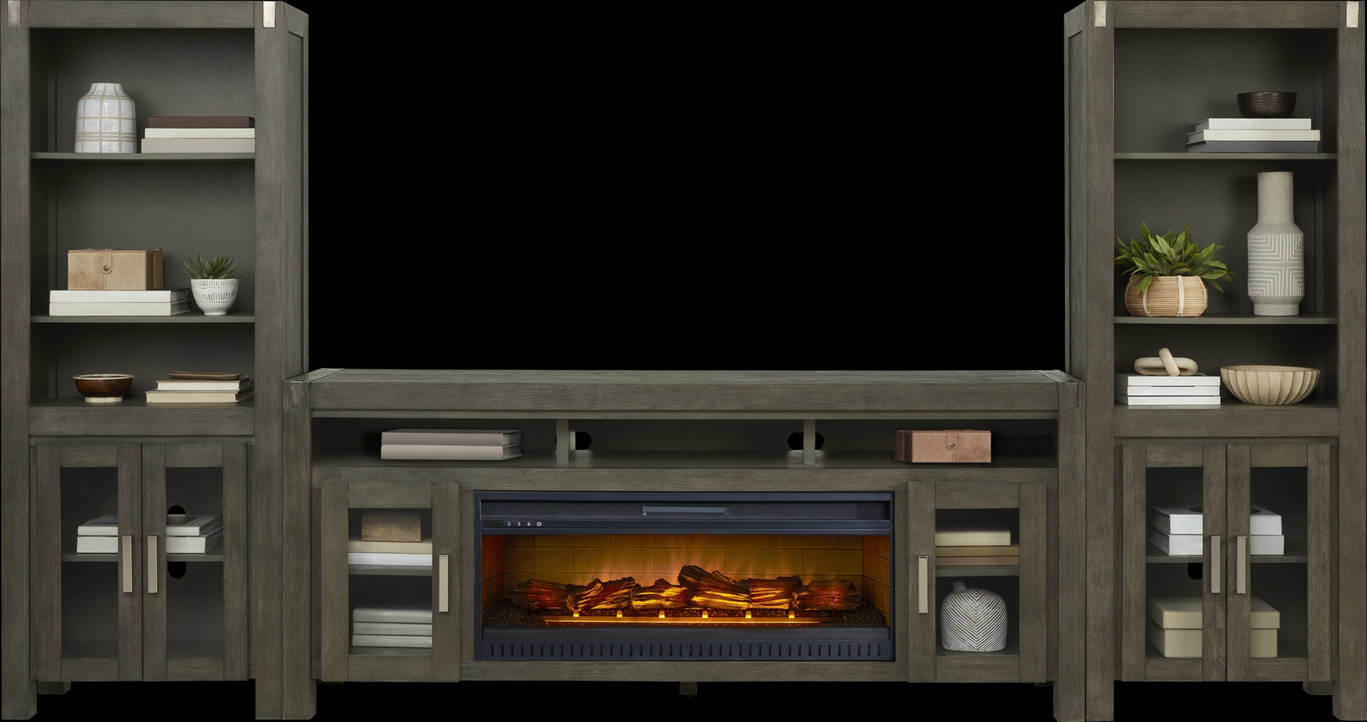 Hidden Springs II Gray 4 Pc Wall Unit with 80 in. Console and Electric Log Fireplace - Thumbnail - Image 2