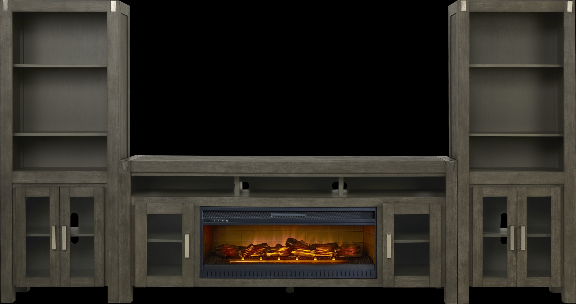 Hidden Springs II Gray 4 Pc Wall Unit with 80 in. Console and Electric Log Fireplace - Thumbnail - Image 1