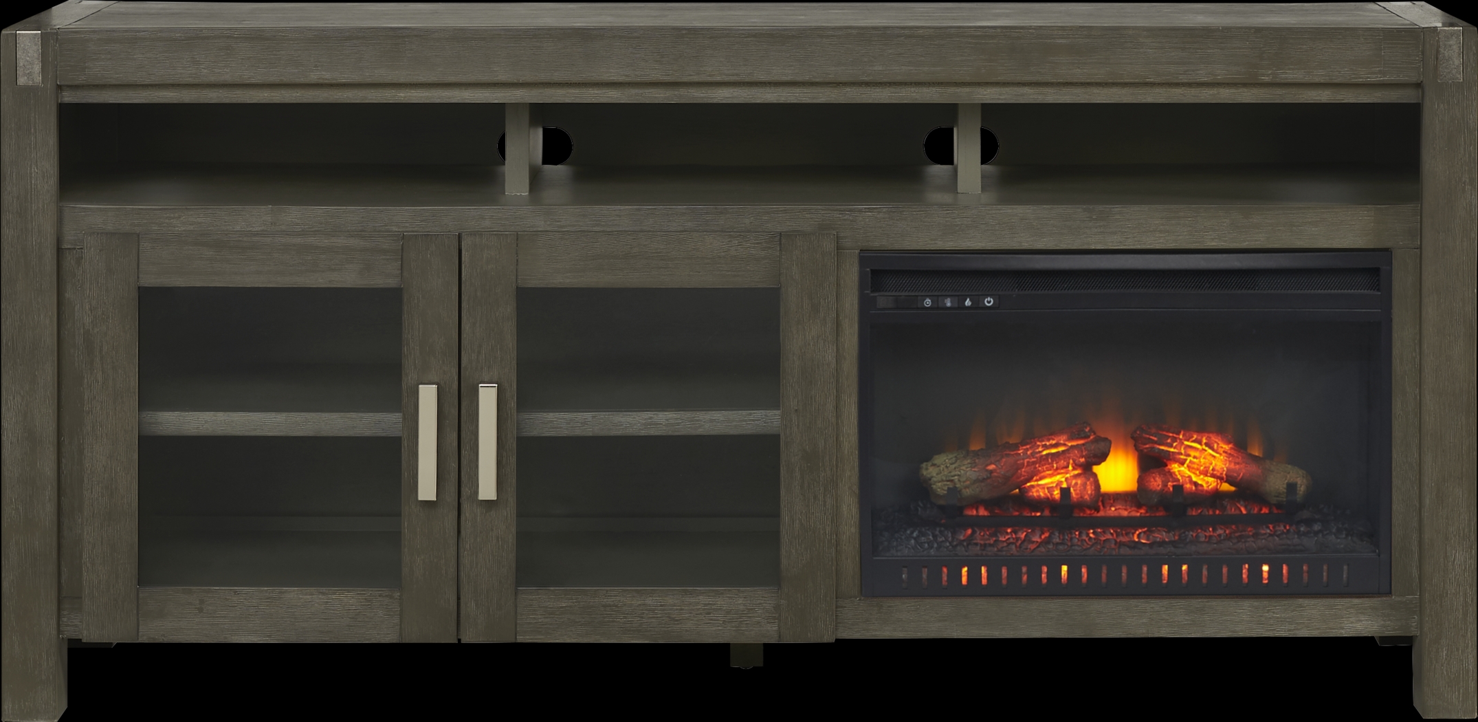 Hidden Springs II Gray 72 in. Console with Electric Log Fireplace - Thumbnail - Image 1