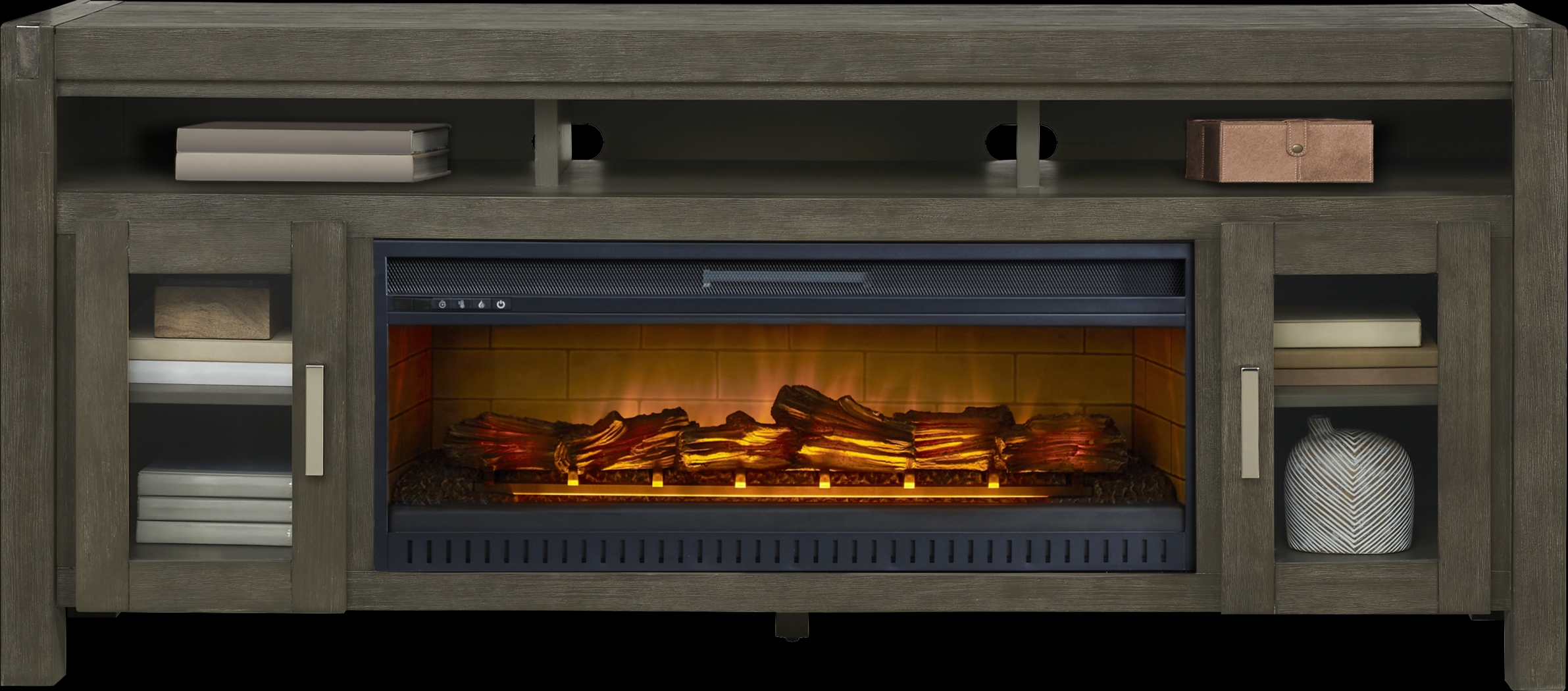 Hidden Springs II Gray 80 in. Console with Electric Log Fireplace - Thumbnail - Image 2