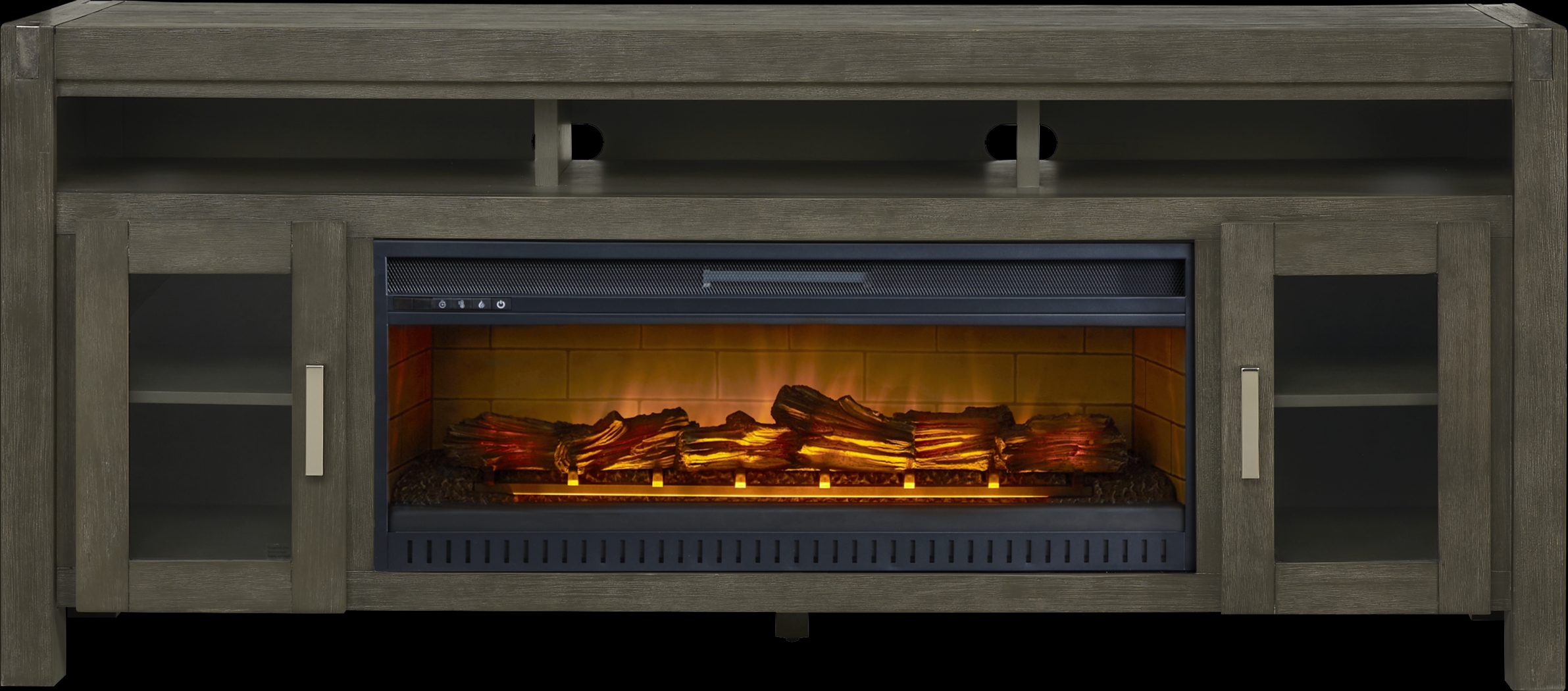 Hidden Springs II Gray 80 in. Console with Electric Log Fireplace - Thumbnail - Image 1