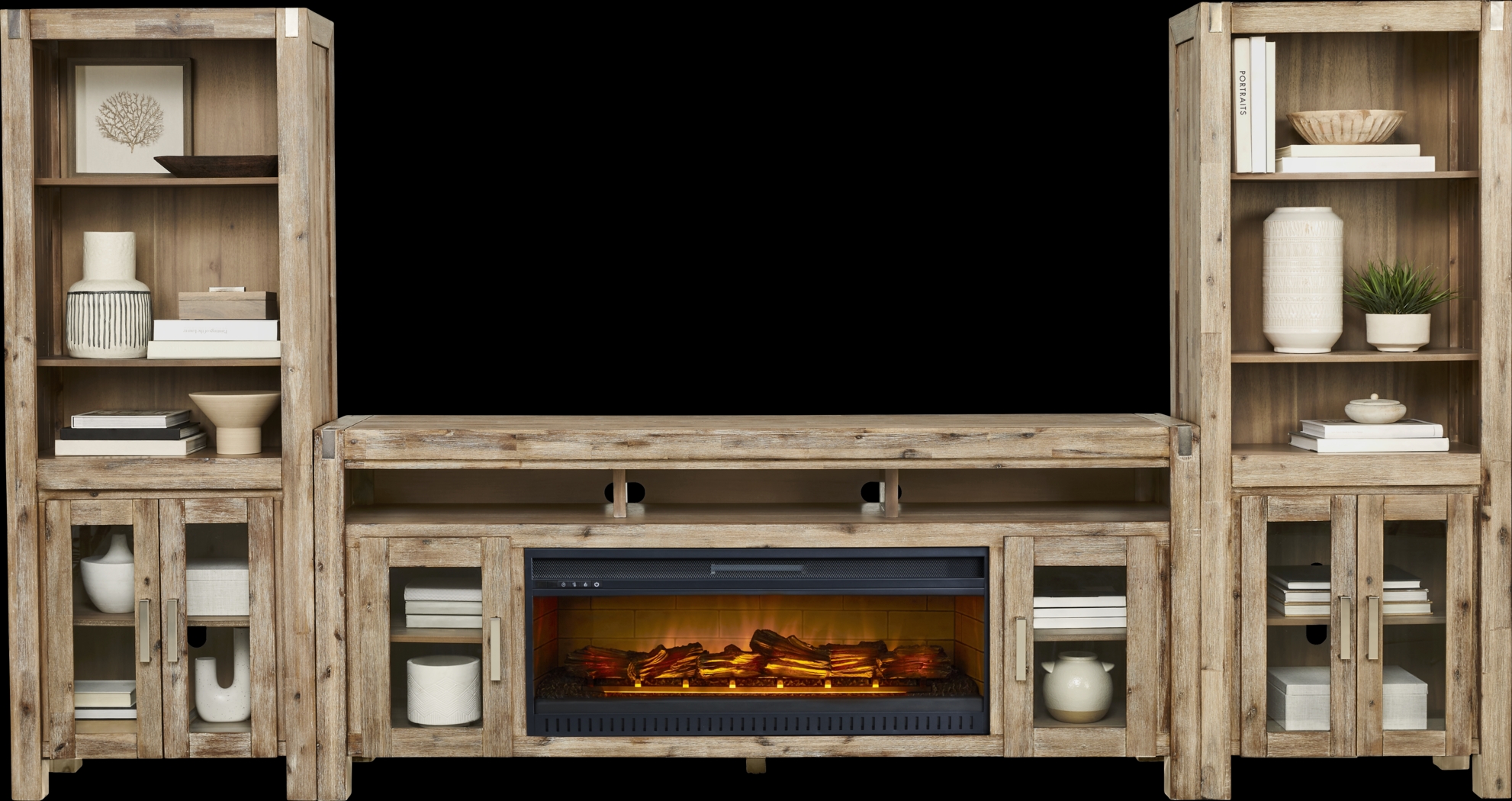 Hidden Springs II Natural 4 Pc Wall Unit with 80 in. Console and Electric Log Fireplace - Thumbnail - Image 2