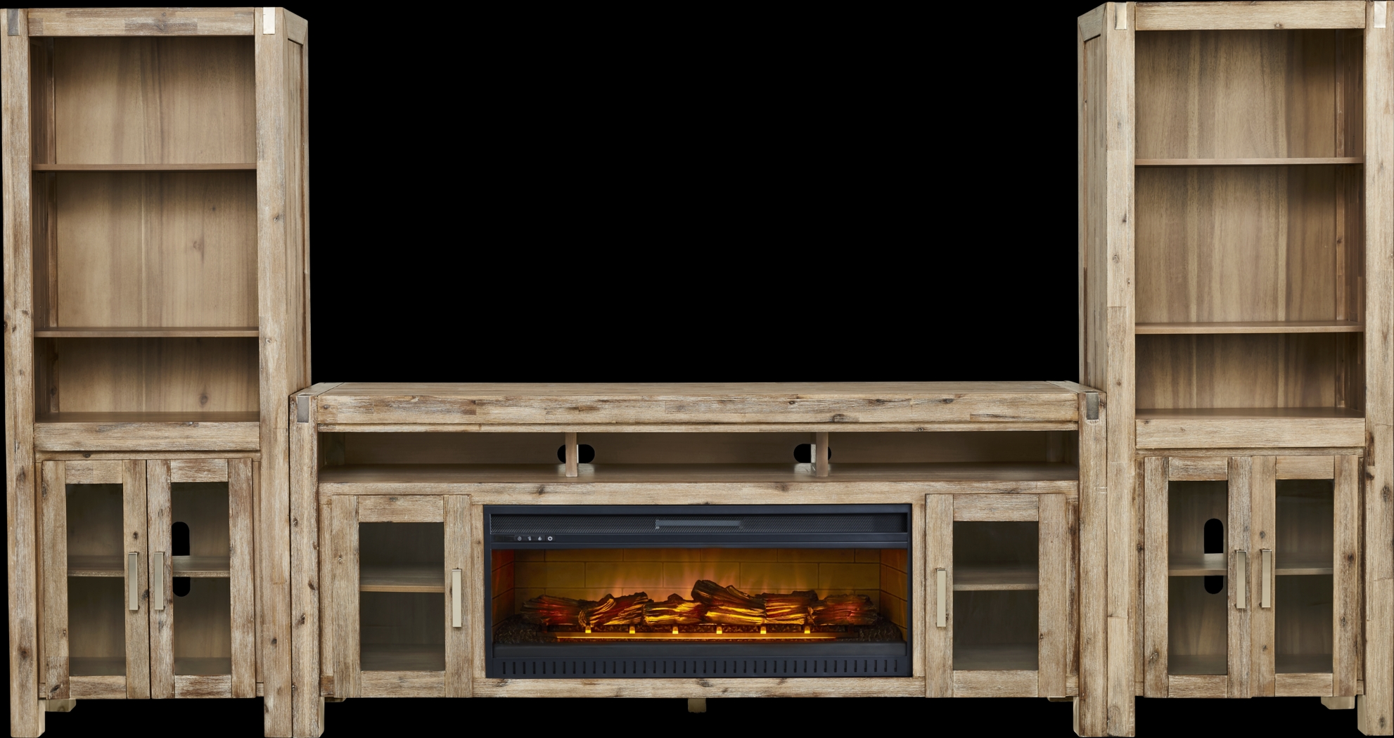 Hidden Springs II Natural 4 Pc Wall Unit with 80 in. Console and Electric Log Fireplace - Thumbnail - Image 1