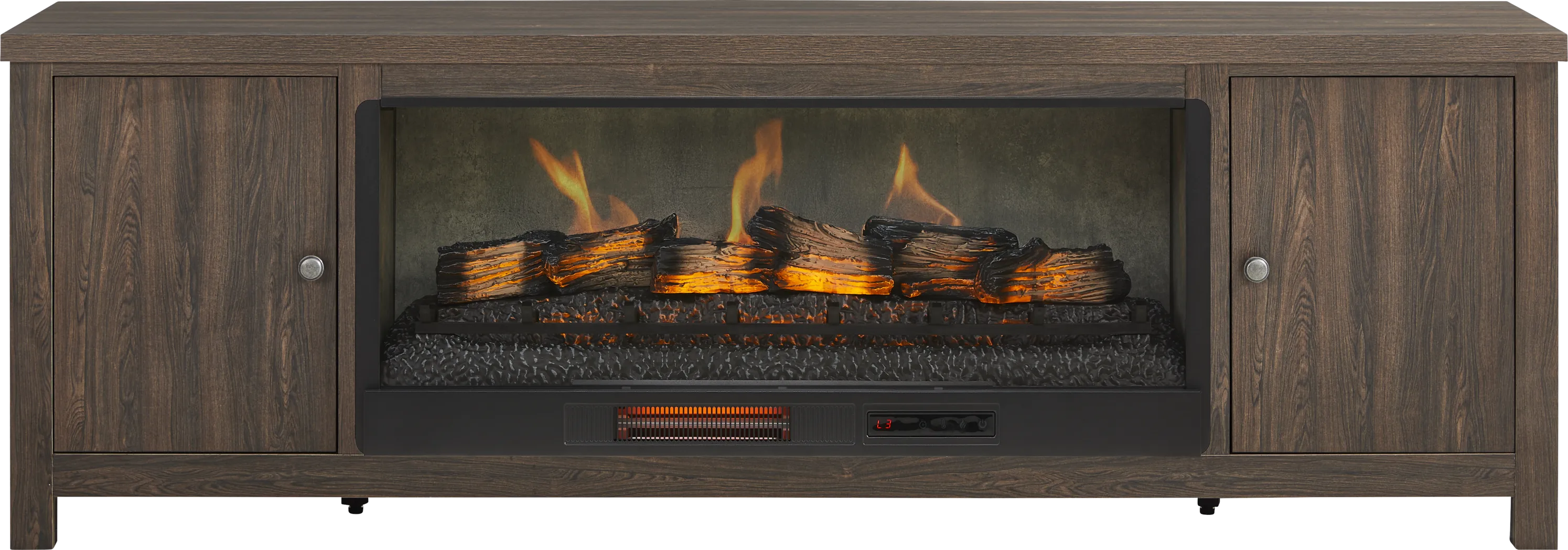 High Mountain Oak Finish 82 in. Console with Electric Log Fireplace - Thumbnail - Image 1