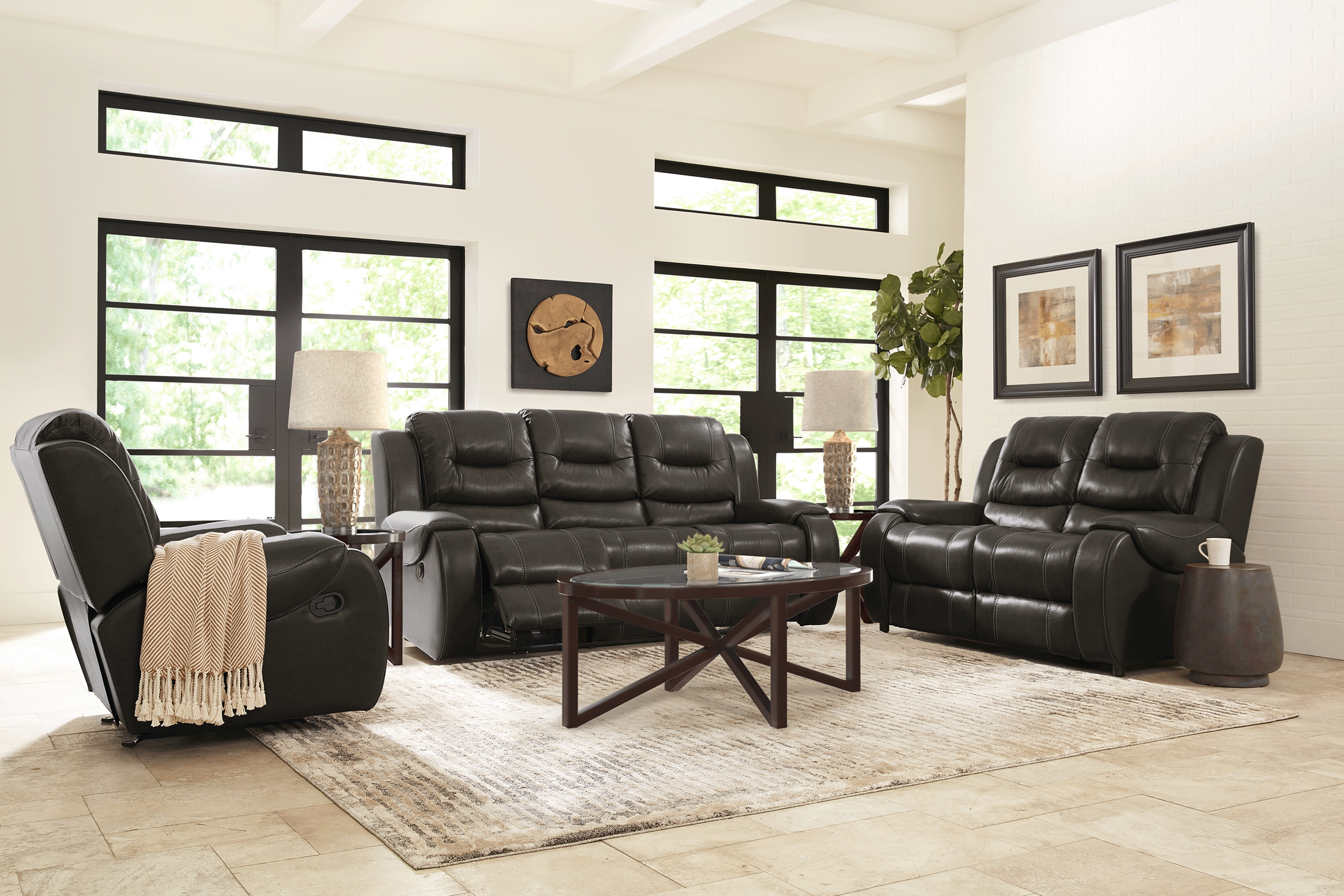 High Plains Black Leather 7 Pc Living Room with Reclining Sofa - Thumbnail - Image 1