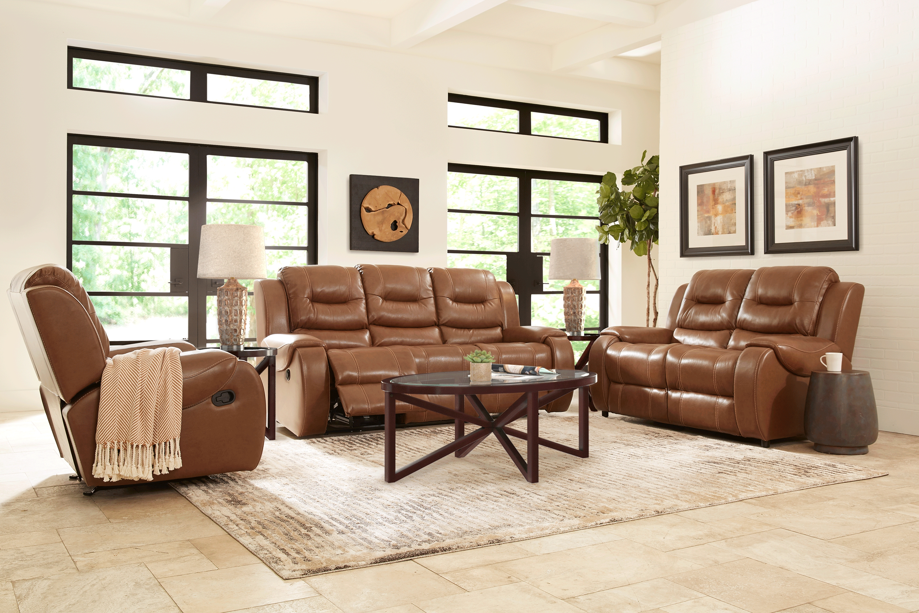 High Plains Saddle Leather 3 Pc Living Room with Reclining Sofa - Thumbnail - Image 1