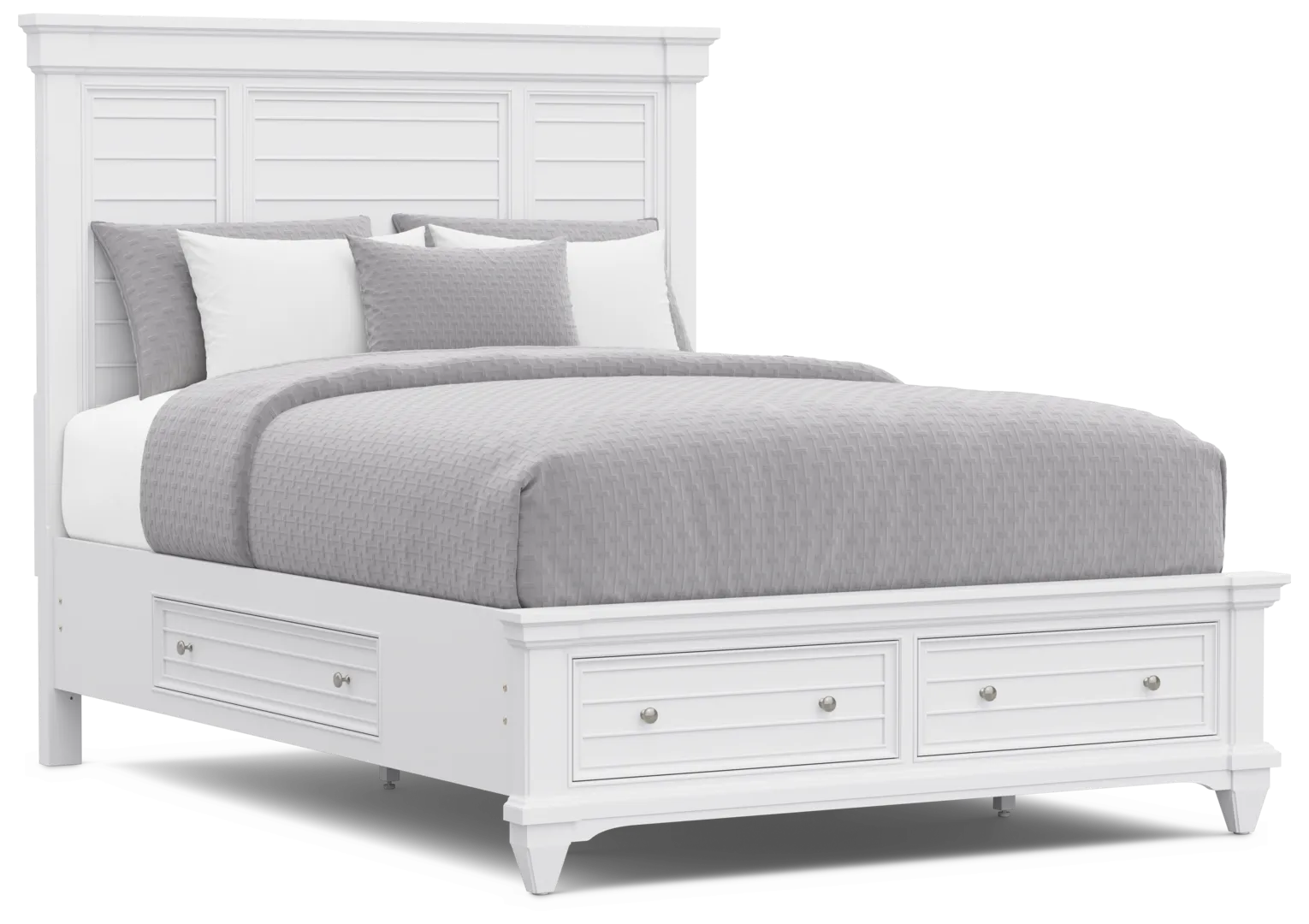 white 3 pc queen panel bed with storage