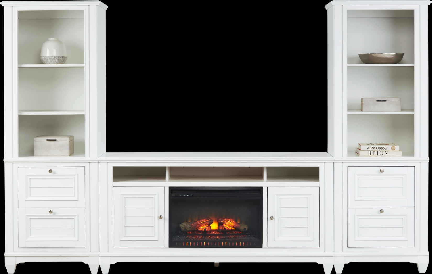 Hilton Head White 4 Pc Wall Unit with 66 in. Console and Electric Log Fireplace - Thumbnail - Image 1