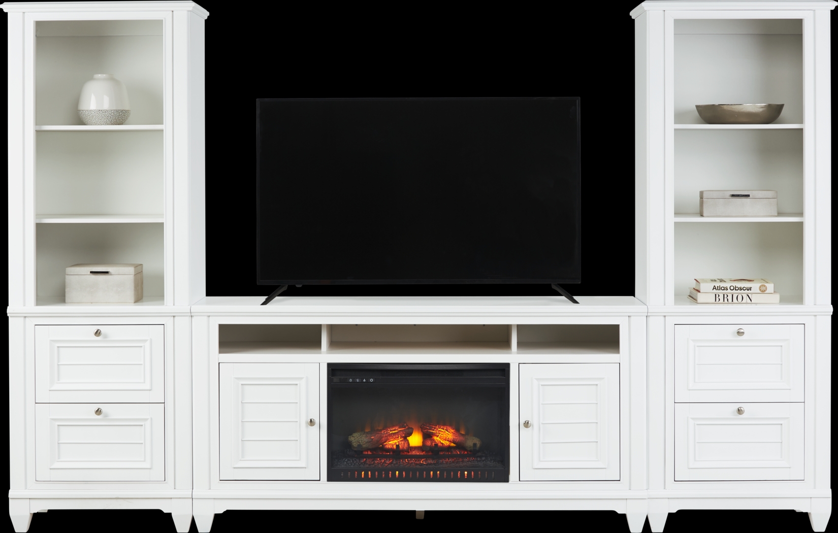 Hilton Head White 4 Pc Wall Unit with 66 in. Console and Electric Log Fireplace - Thumbnail - Image 2