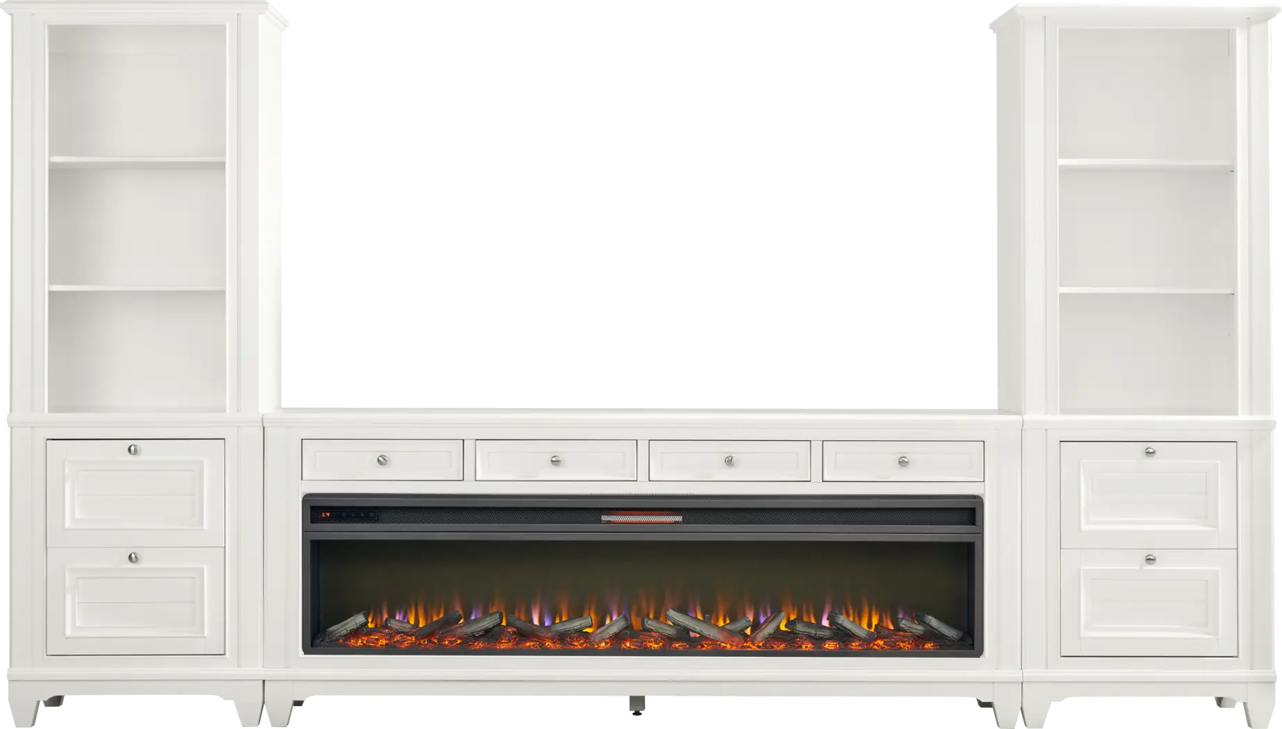 Hilton Head White 4 Pc Wall Unit with 80 in. Console and Electric Log Fireplace - Thumbnail - Image 1