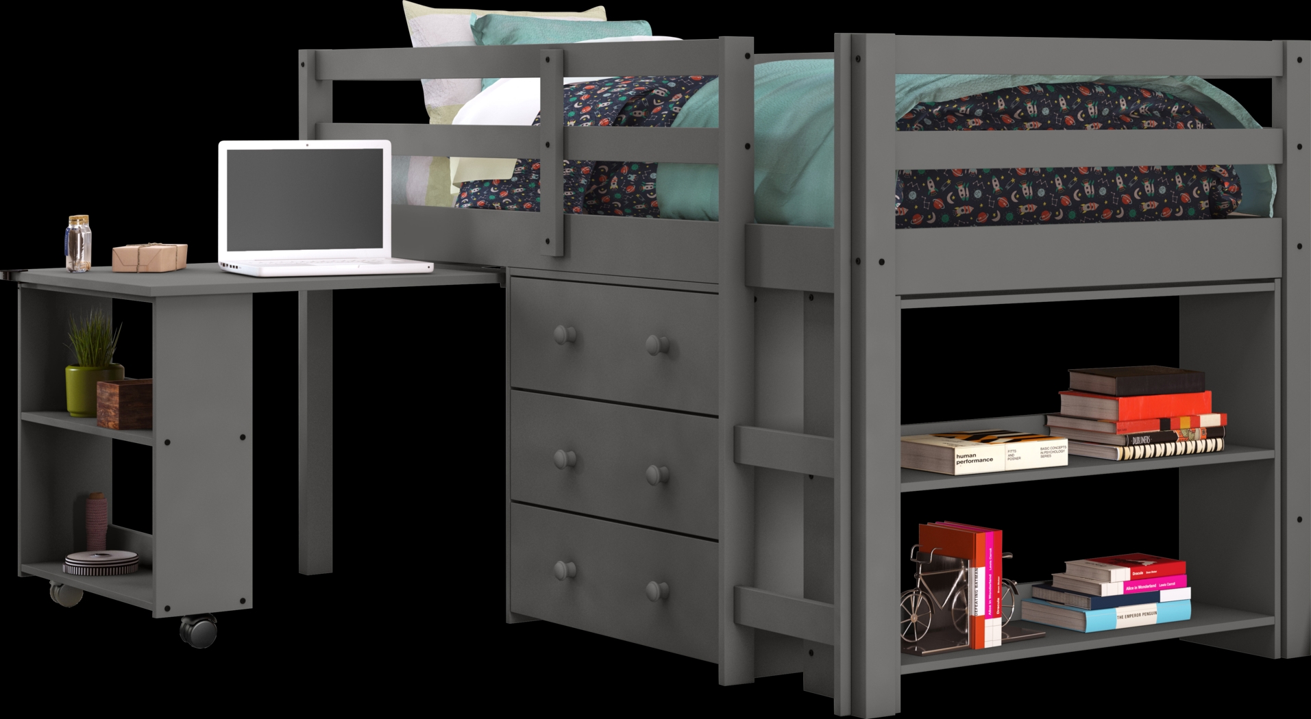 Hollis Ridge Gray Twin Student Loft Bed with Desk, Chest and Bookcase - Thumbnail - Image 2