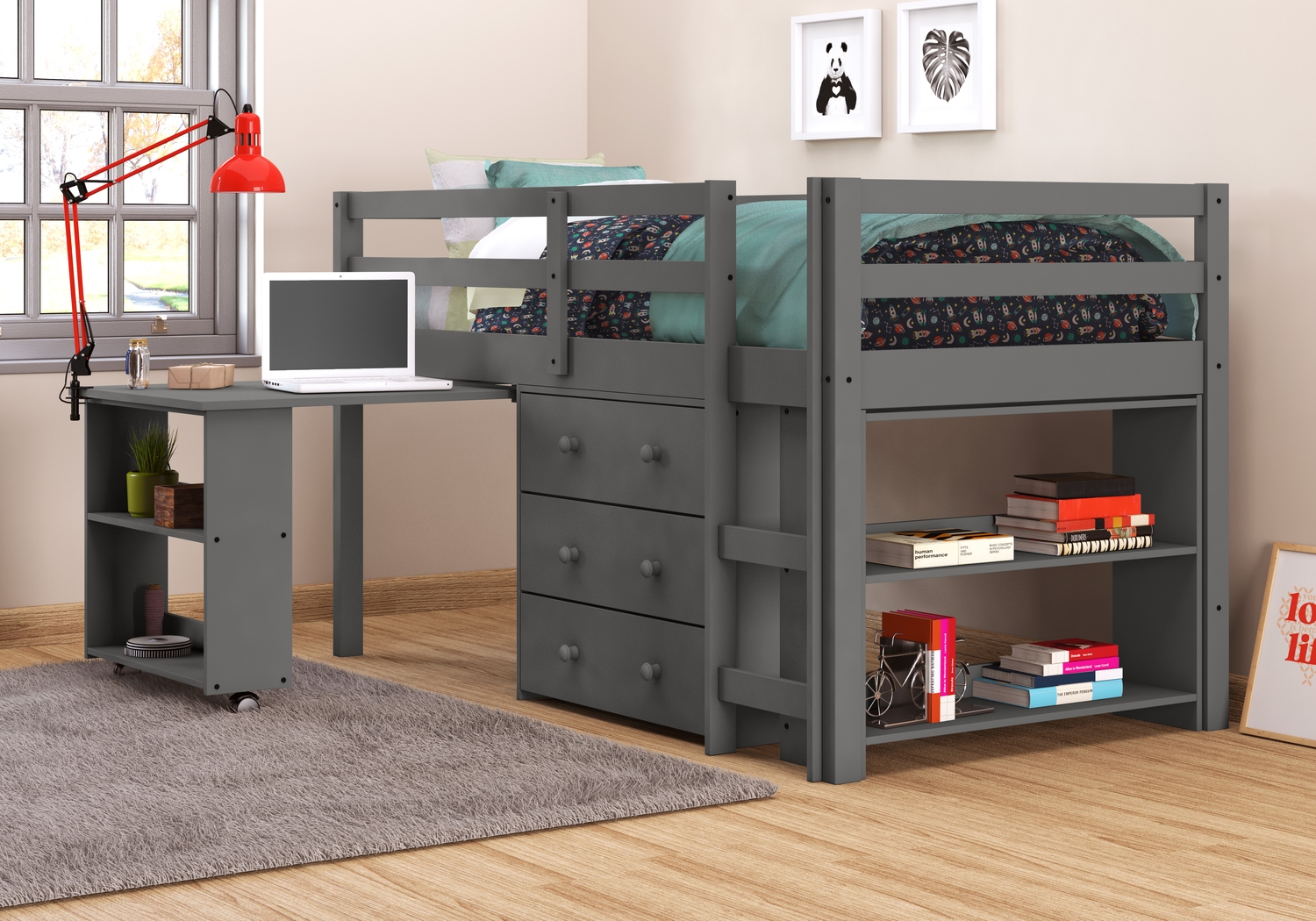 Hollis Ridge Gray Twin Student Loft Bed with Desk, Chest and Bookcase - Thumbnail - Image 1