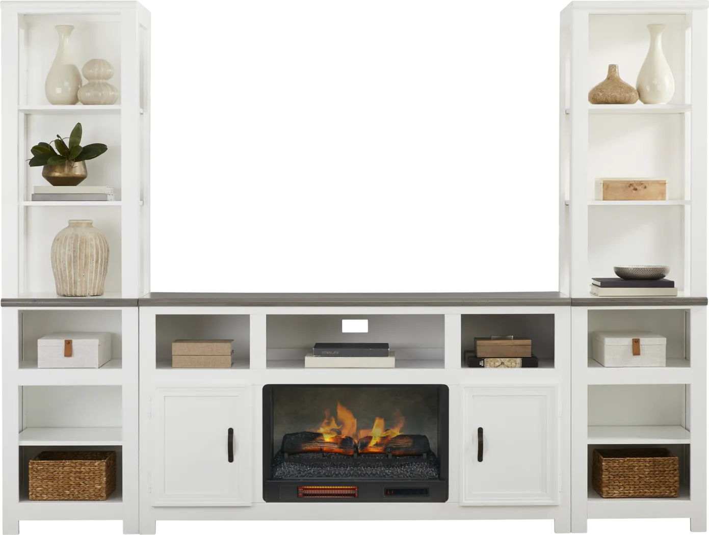 Hollow Ridge White 3 Pc Wall Unit with 63 in. Console and Electric Log Fireplace - Thumbnail - Image 2