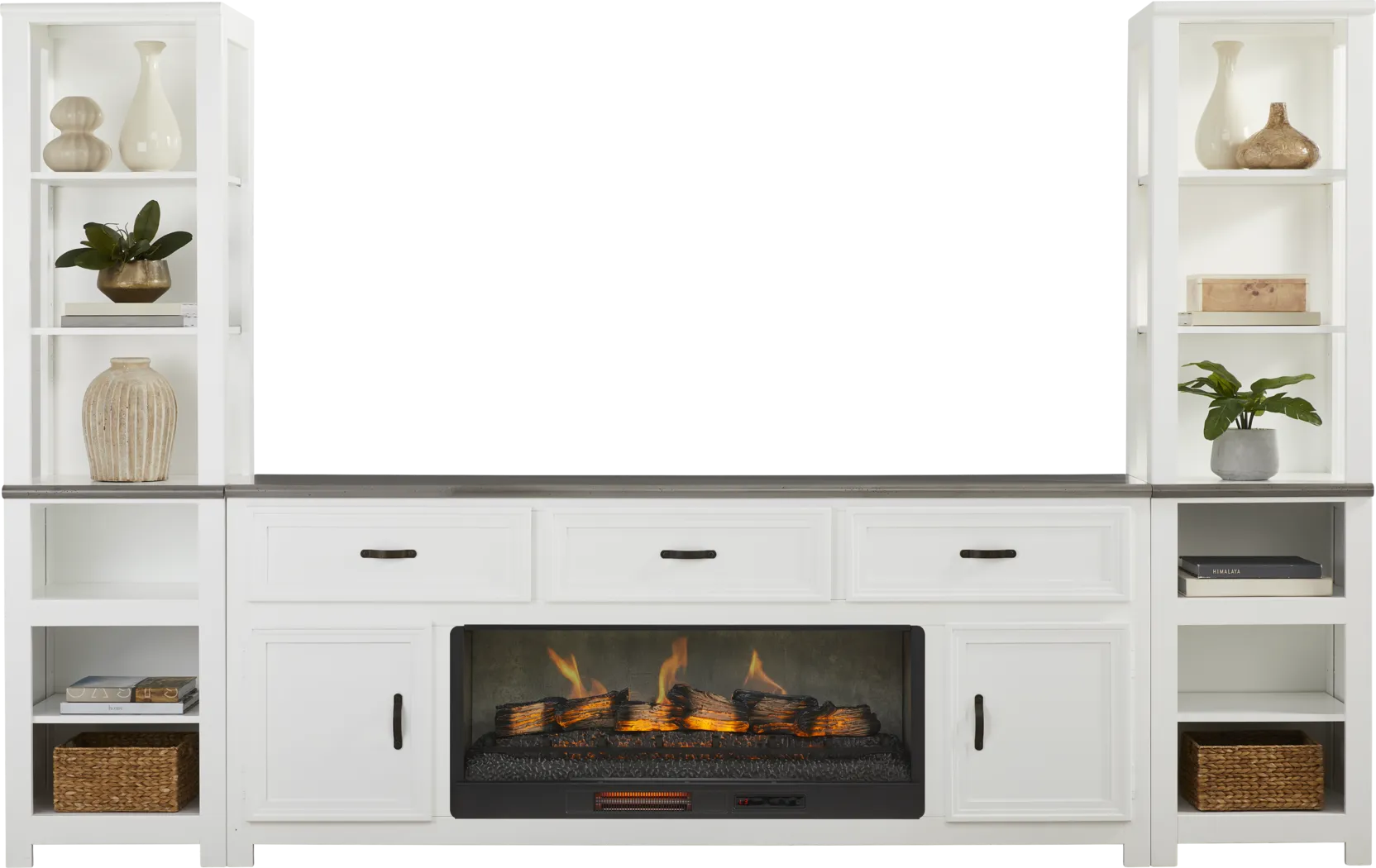 Hollow Ridge White 3 Pc Wall Unit with 84 in. Console and Electric Log Fireplace - Thumbnail - Image 2