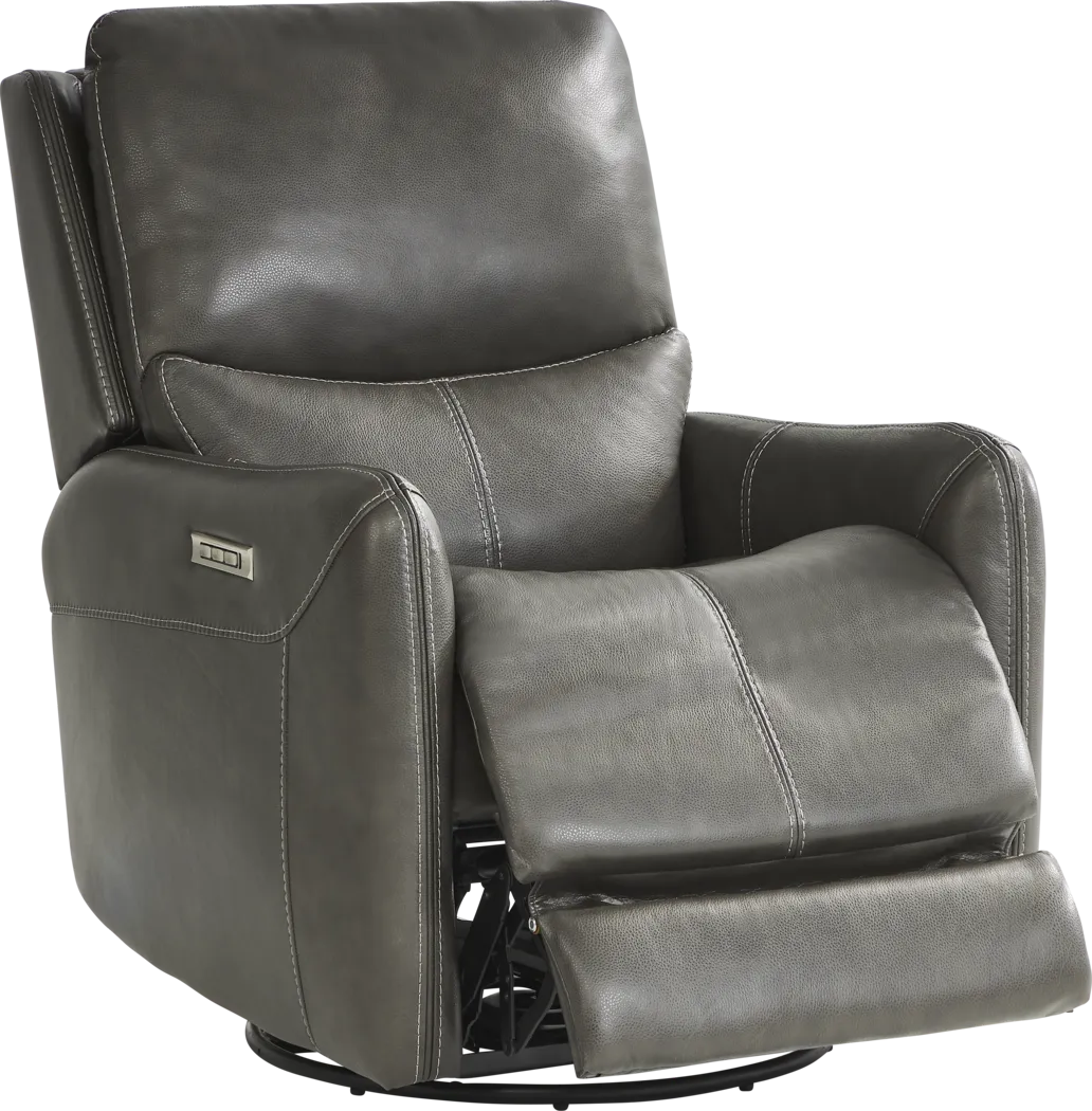 Hudson Place Gray Leather Triple Power Swivel Recliner - Thumbnail - Image 1