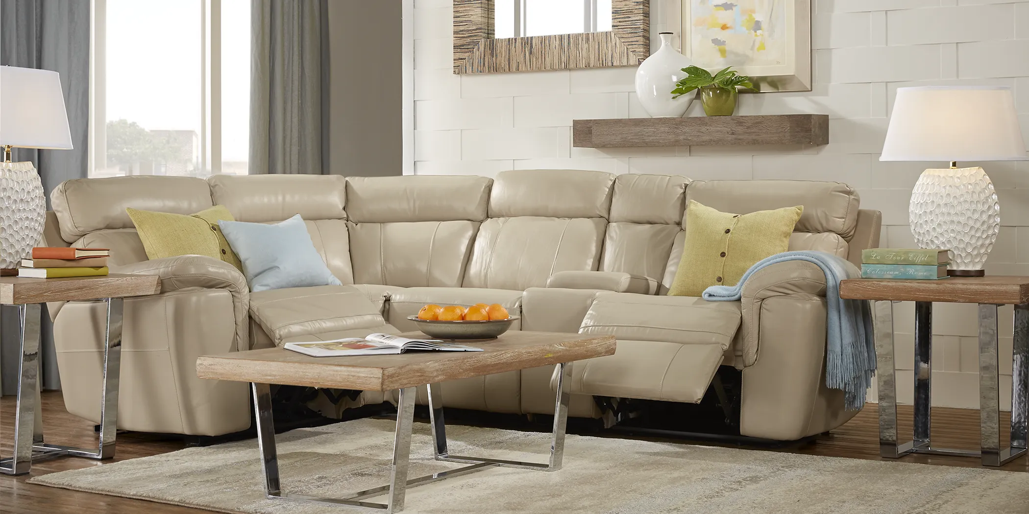 Hudson Square Sand Leather 5 Pc Reclining Sectional - Thumbnail - Image 2