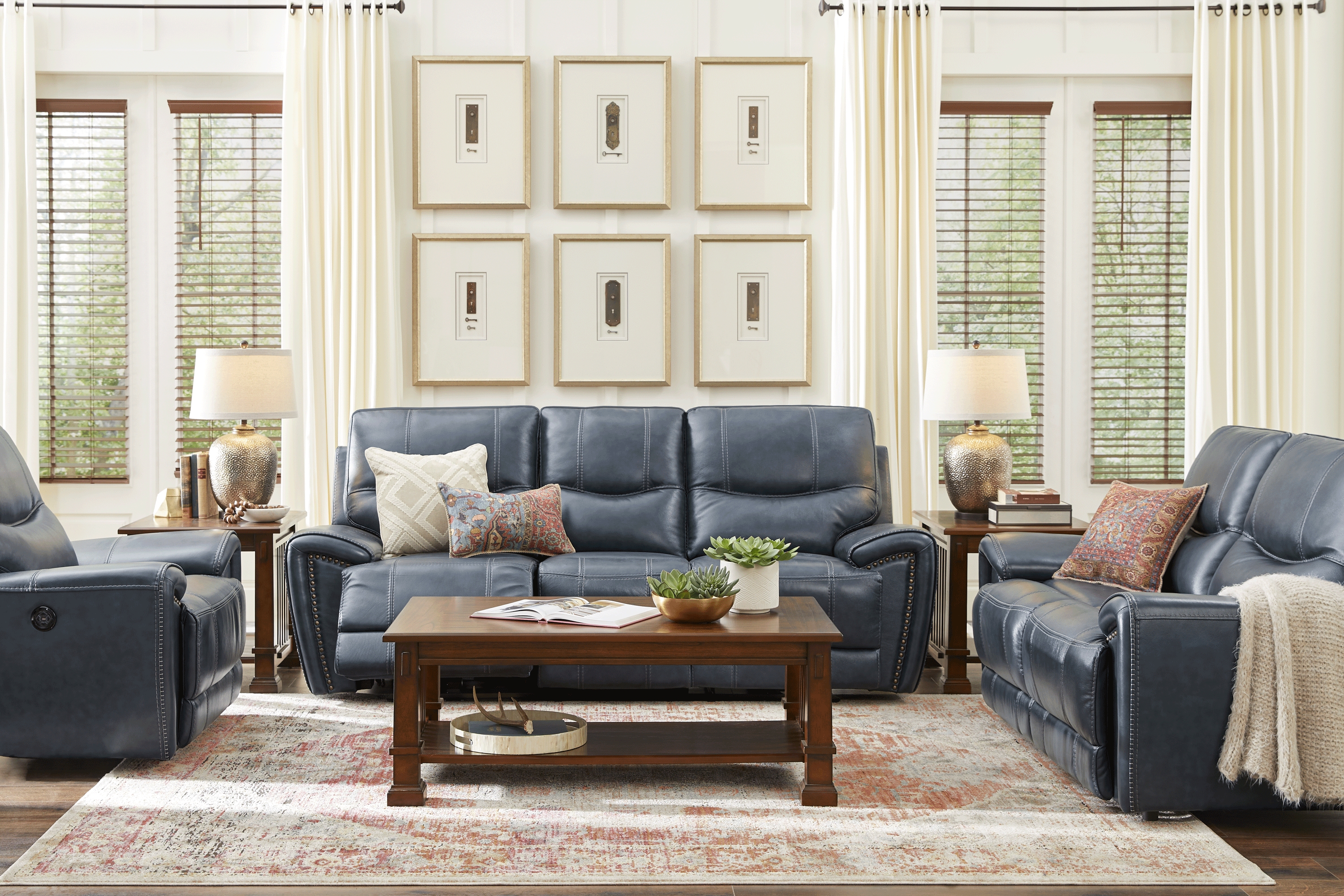 Italo Blue Leather Reclining Sofa - Thumbnail - Image 2