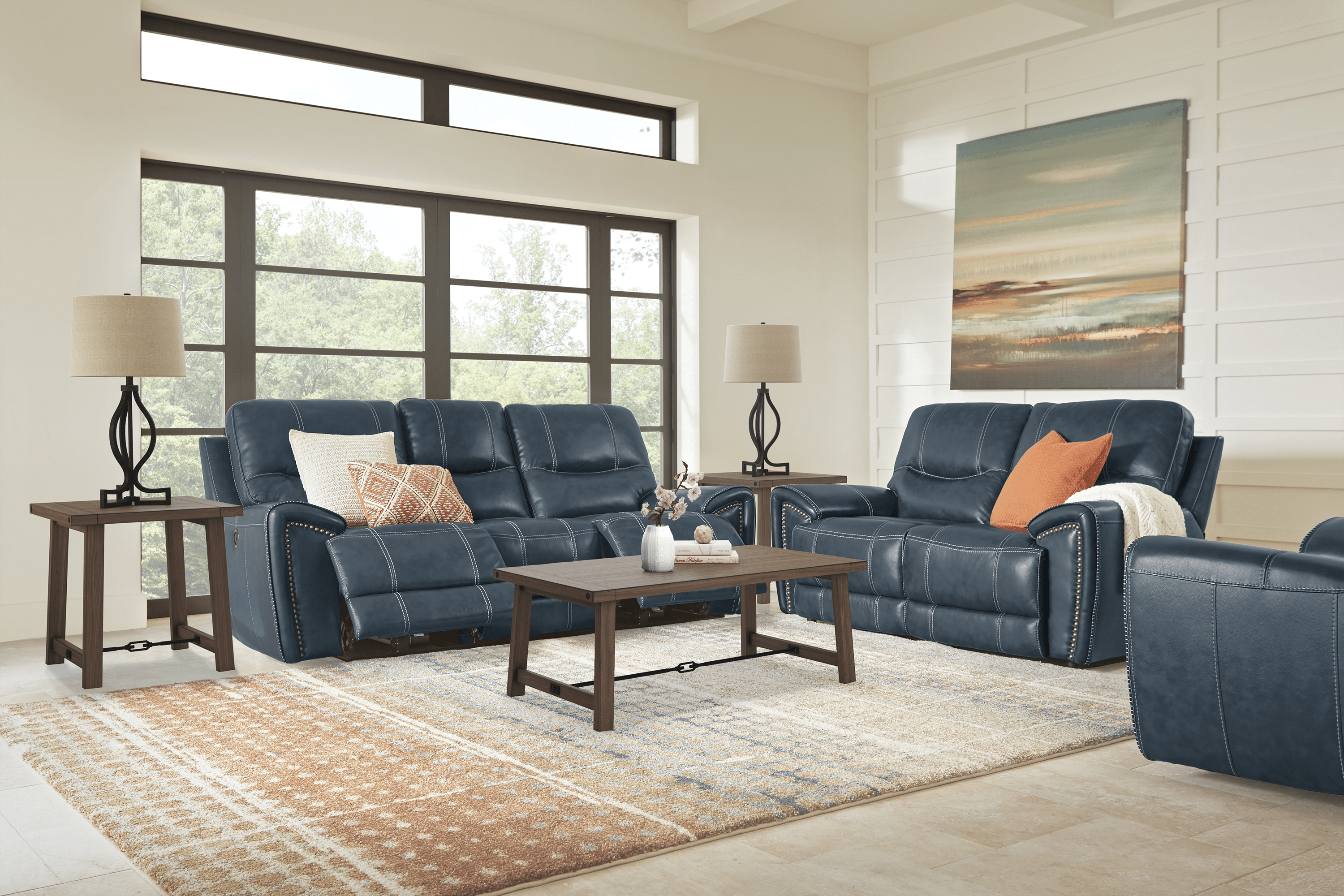 Italo Blue Leather 3 Pc Living Room with Reclining Sofa - Thumbnail - Image 1