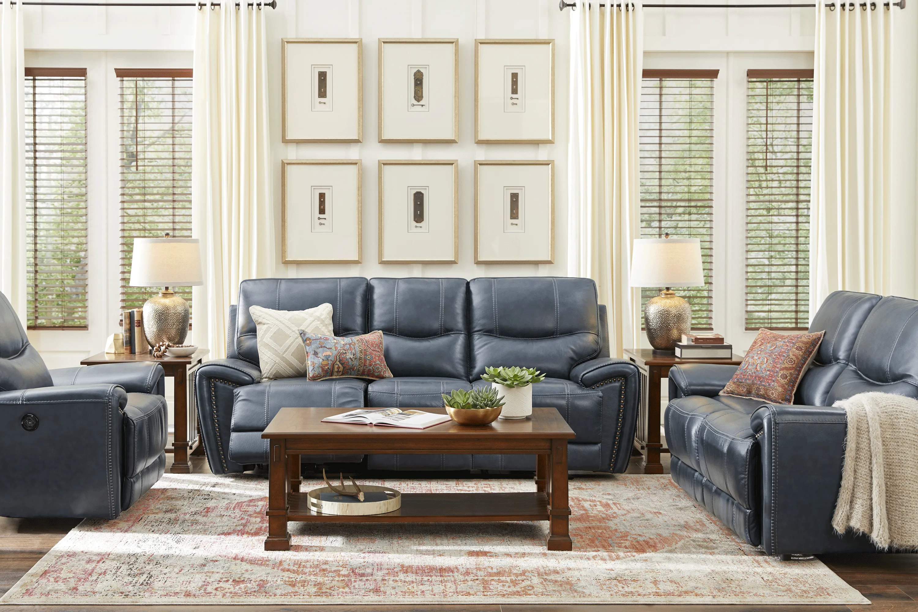 Italo Blue Leather 7 Pc Living Room With Reclining Sofa - Thumbnail - Image 1