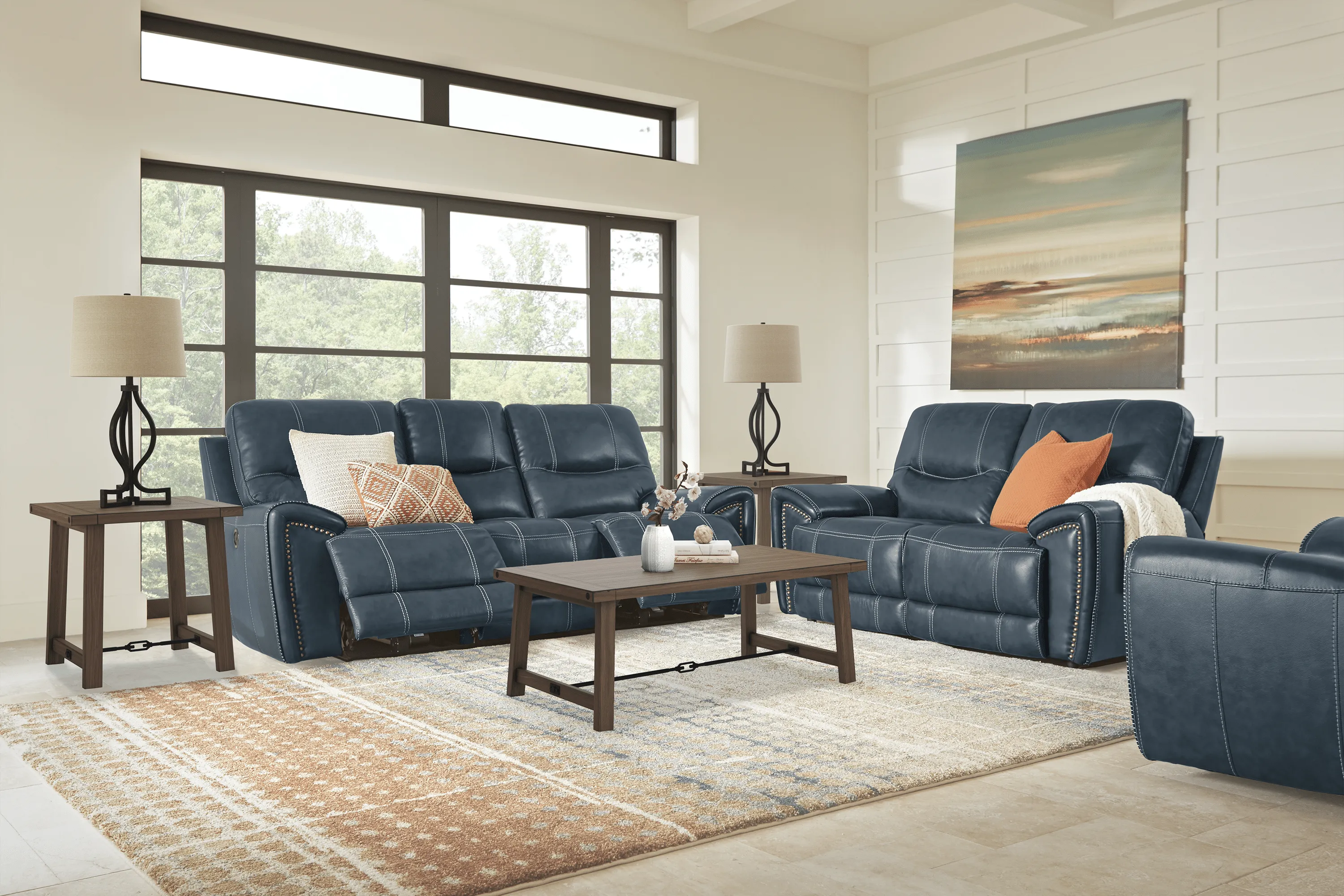 Italo Blue Leather 7 Pc Living Room With Reclining Sofa - Thumbnail - Image 1