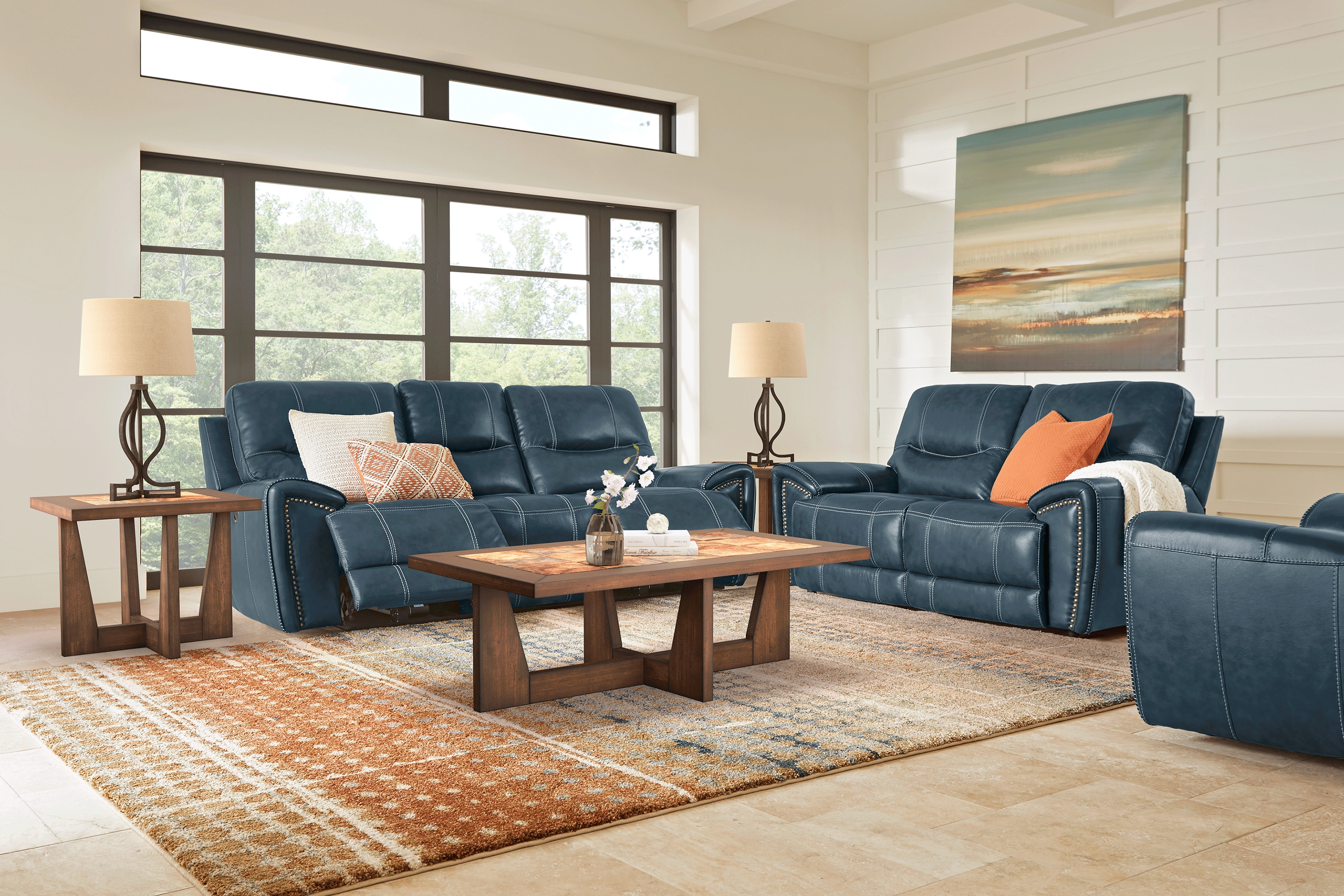 Italo Blue Leather 8 Pc Living Room with Reclining Sofa - Thumbnail - Image 1
