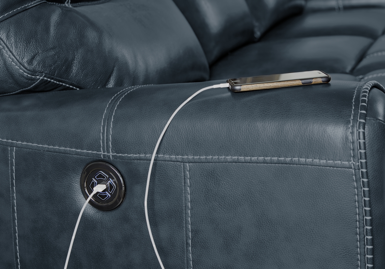 Italo Blue Leather Dual Power Reclining Sofa - Thumbnail - Image 2