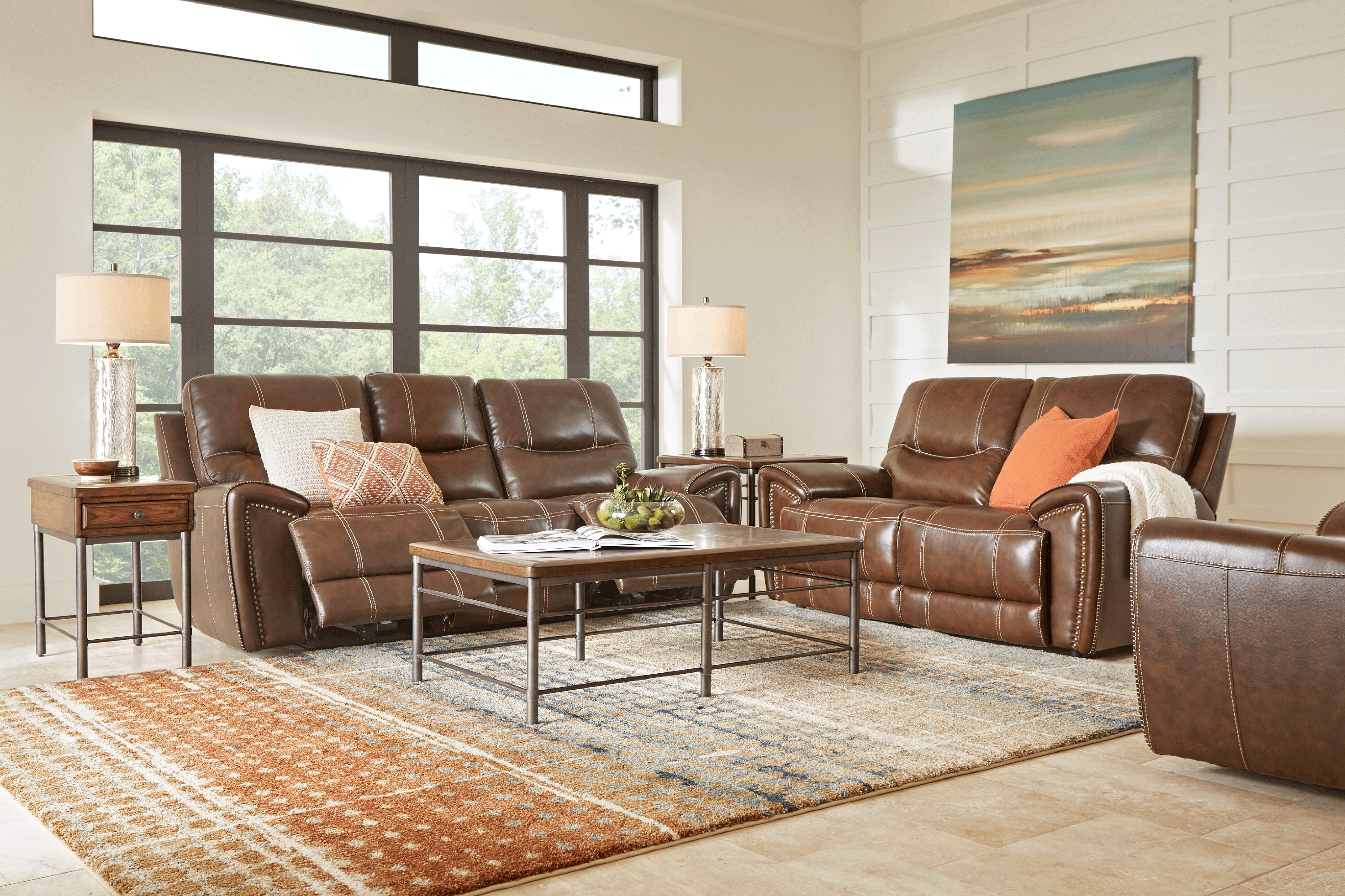 Italo Brown Leather 2 Pc Living Room with Dual Power Reclining Sofa - Thumbnail - Image 1