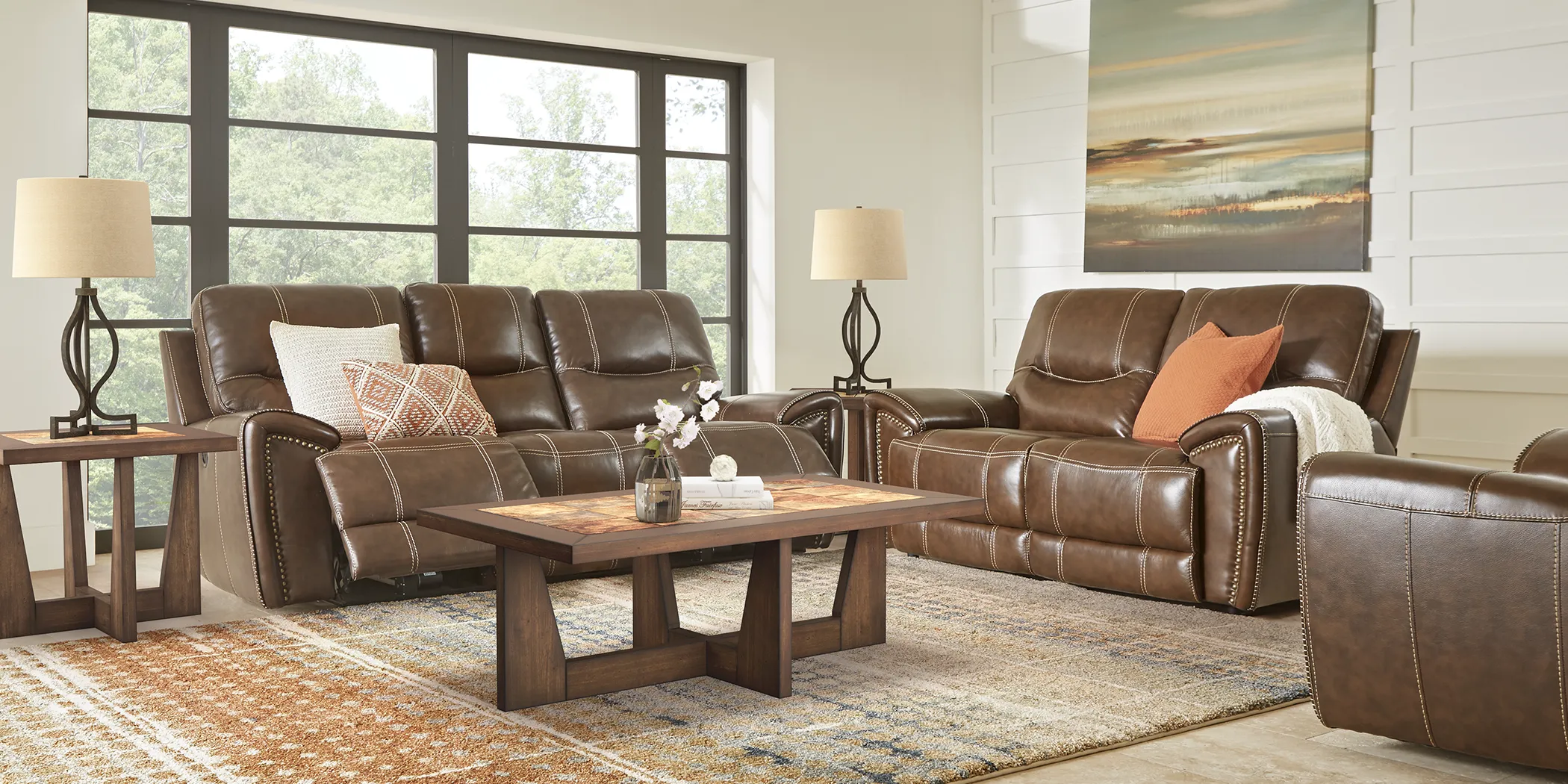 Italo Brown Leather 7 Pc Living Room with Reclining Sofa - Thumbnail - Image 1