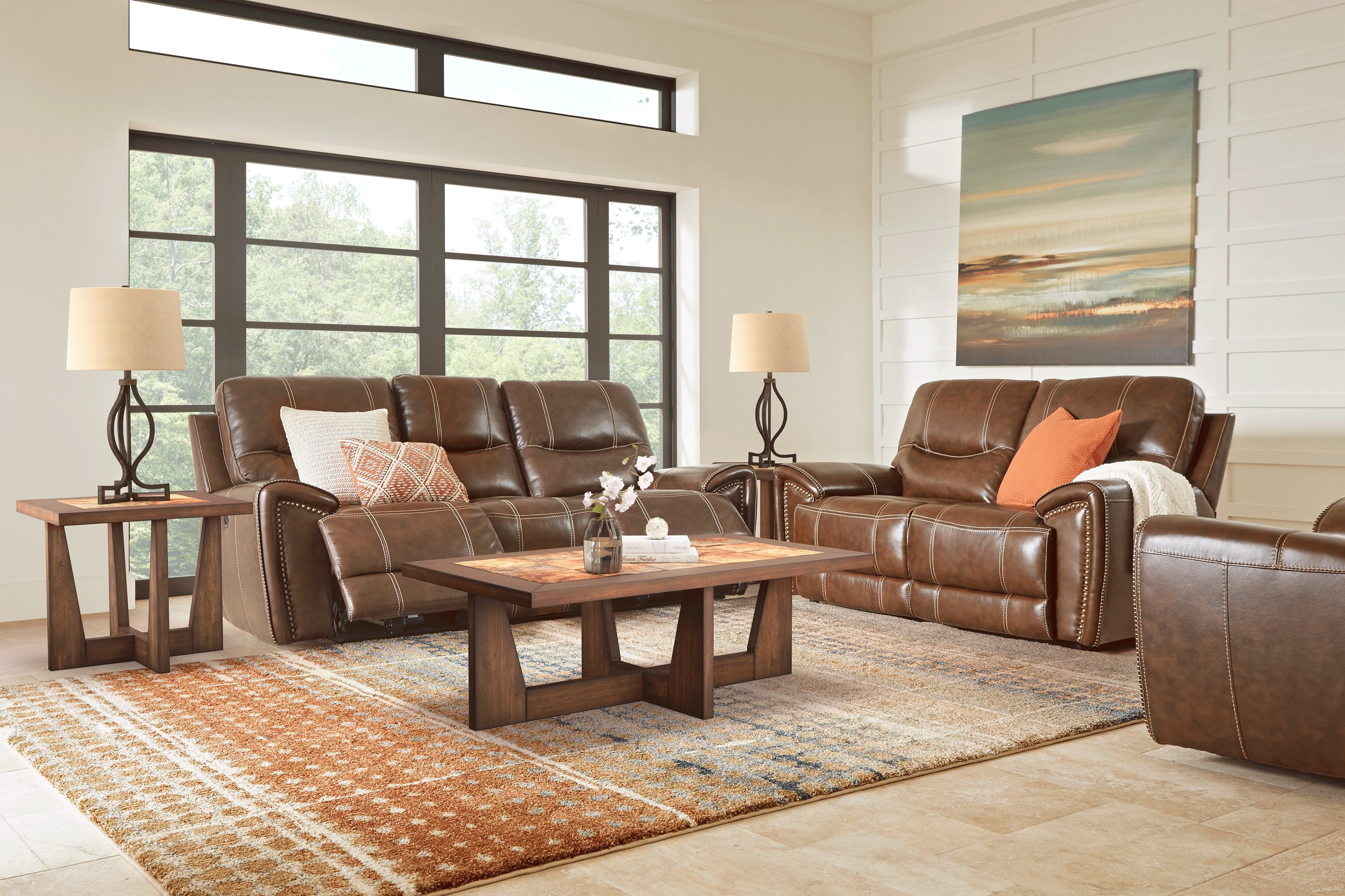 Italo Brown Leather 8 Pc Living Room with Reclining Sofa - Thumbnail - Image 1