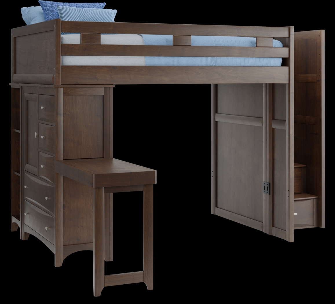 Ivy League 2.0 Walnut Full Step Loft with Chest and Bookcase with Desk Attachment - Thumbnail - Image 1