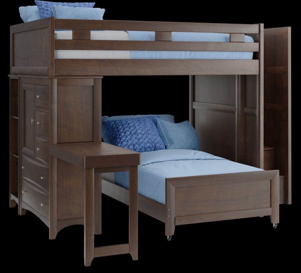 Ivy League 2.0 Walnut Full/Twin Step Bunk with Chest, Bookcase & Desk Attachment - Thumbnail - Image 1