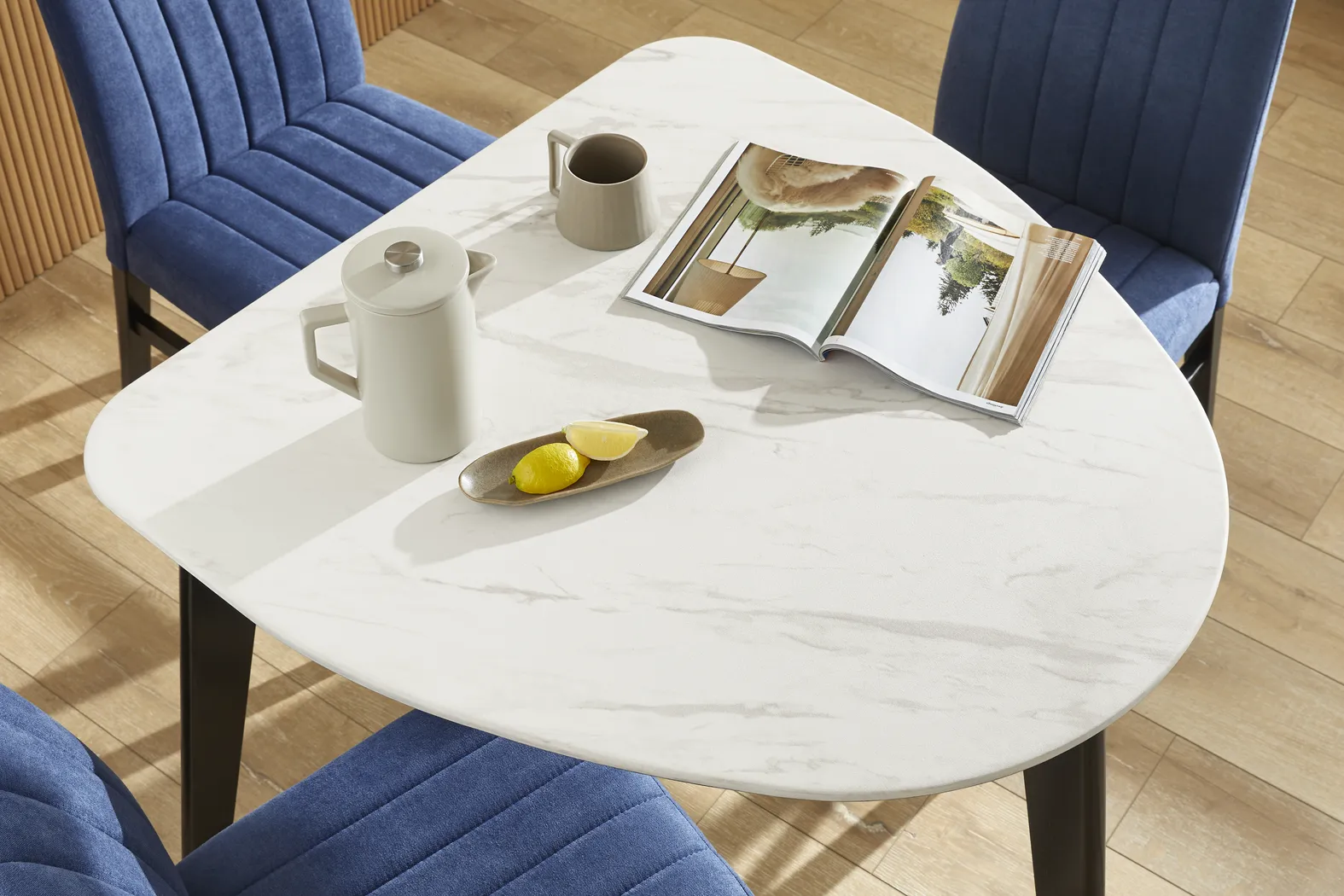 Javis White 4 Pc Half Oval Dining Room with Blue Side Chairs - Thumbnail - Image 3