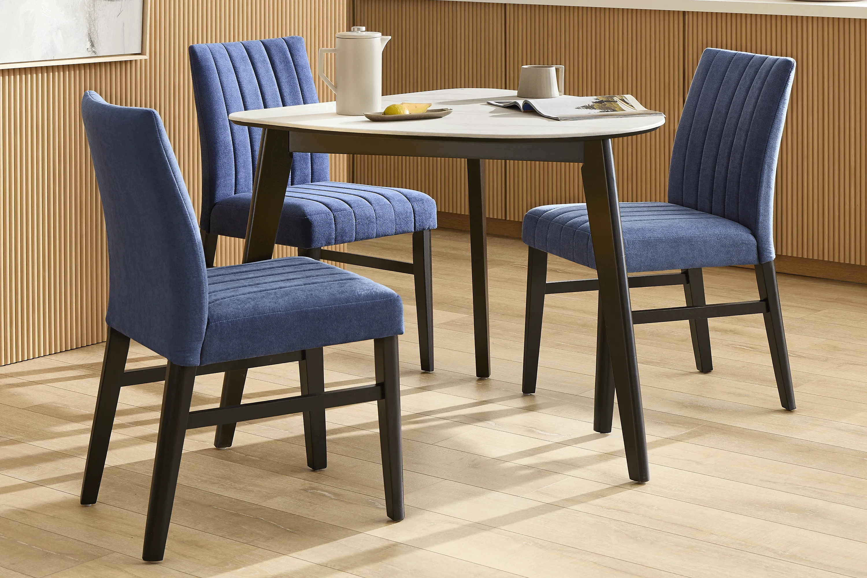 Javis White 4 Pc Half Oval Dining Room with Blue Side Chairs - Thumbnail - Image 1