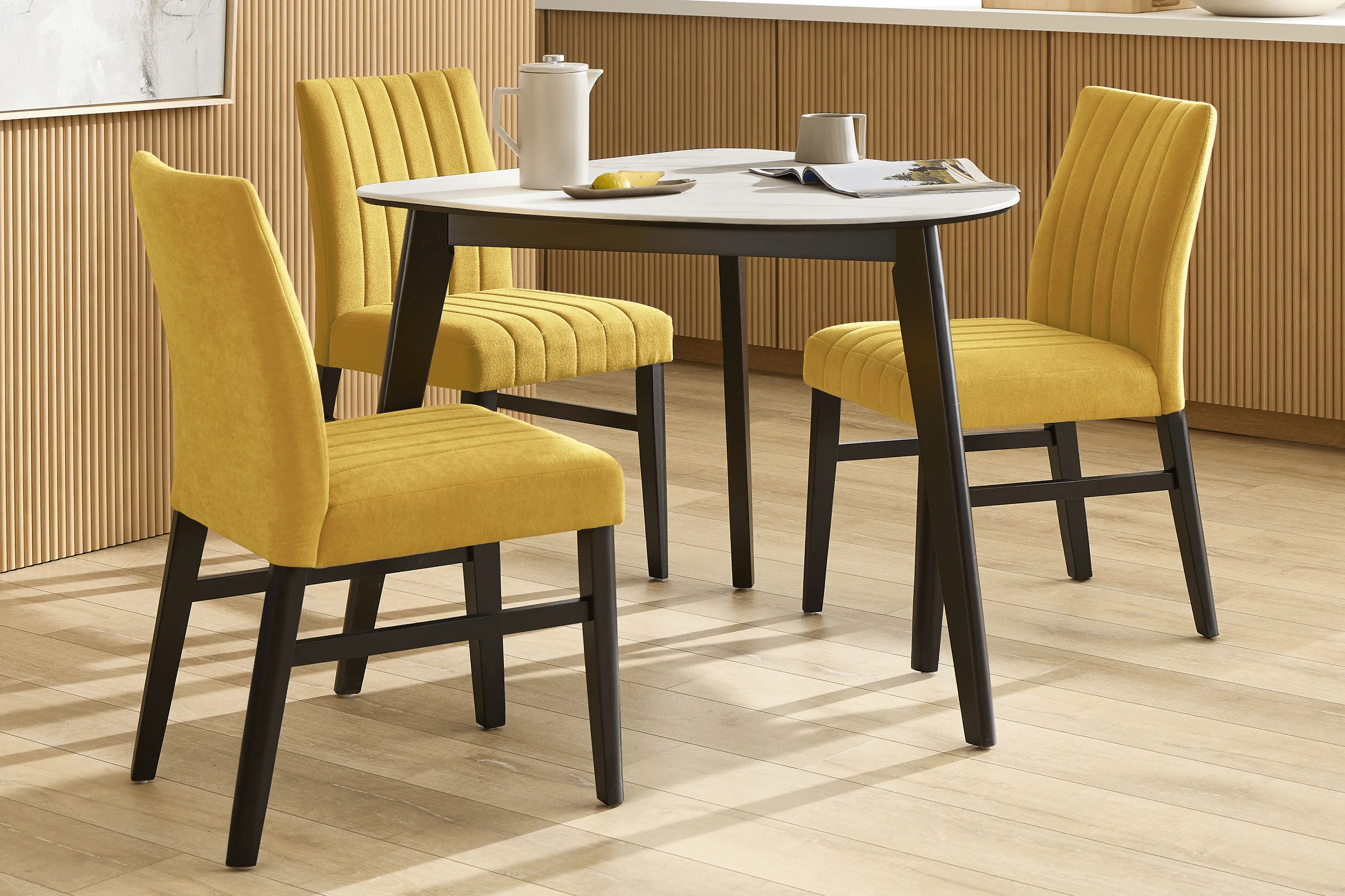 Javis White 4 Pc Half Oval Dining Room with Yellow Side Chairs - Thumbnail - Image 1