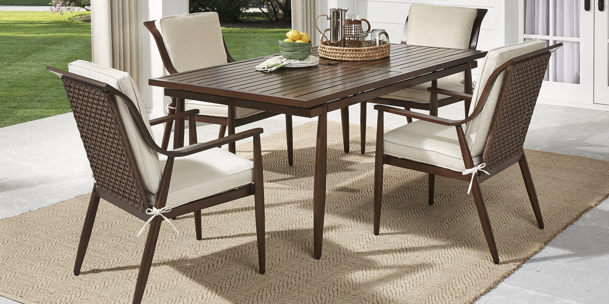 Jorgen Bronze 5 Pc Rectangle Outdoor Dining Set with Vanilla Cushions - Thumbnail - Image 1