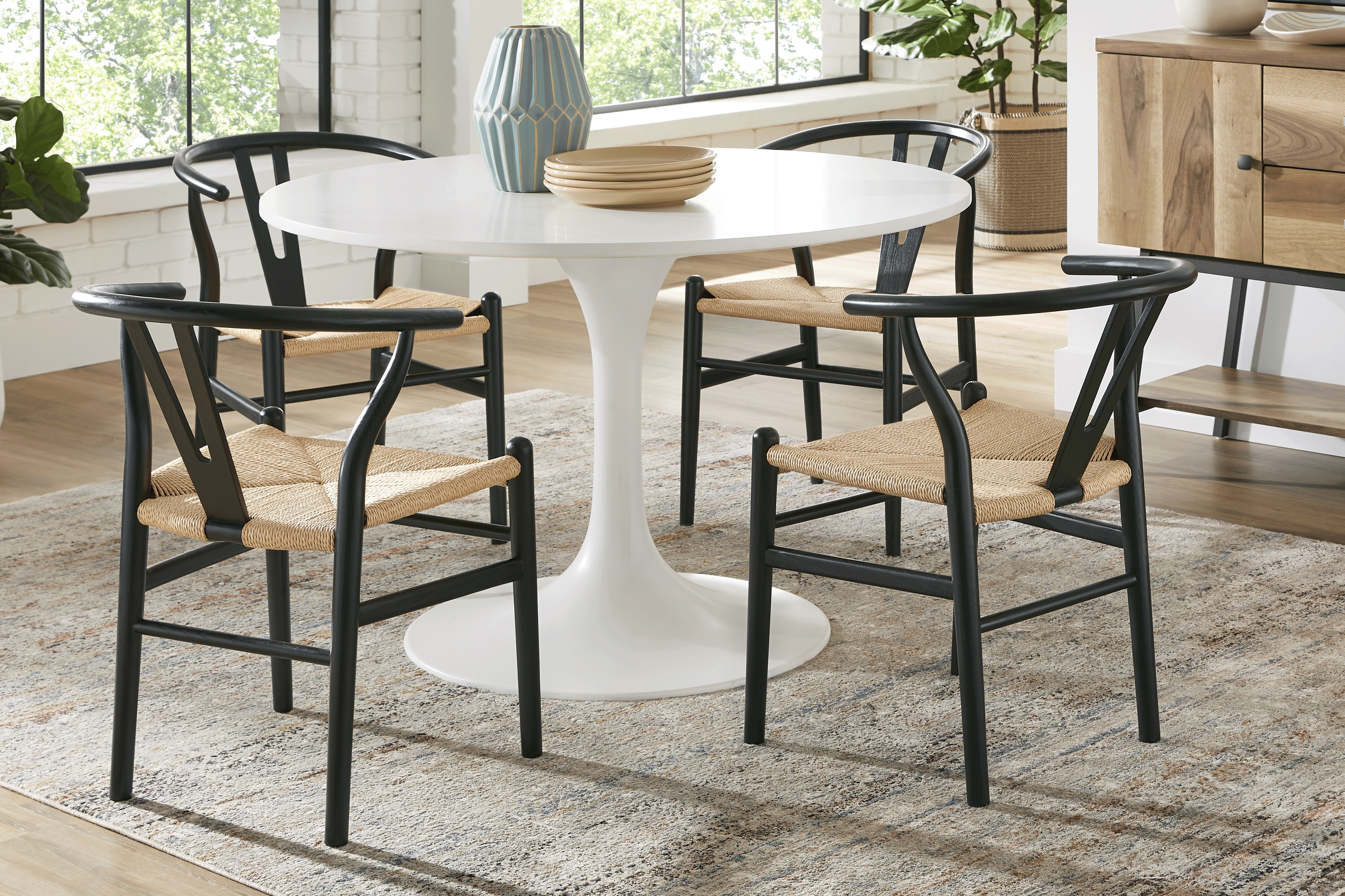 Kaarina White 5 Pc Round Dining Room with Black Chairs - Thumbnail - Image 1