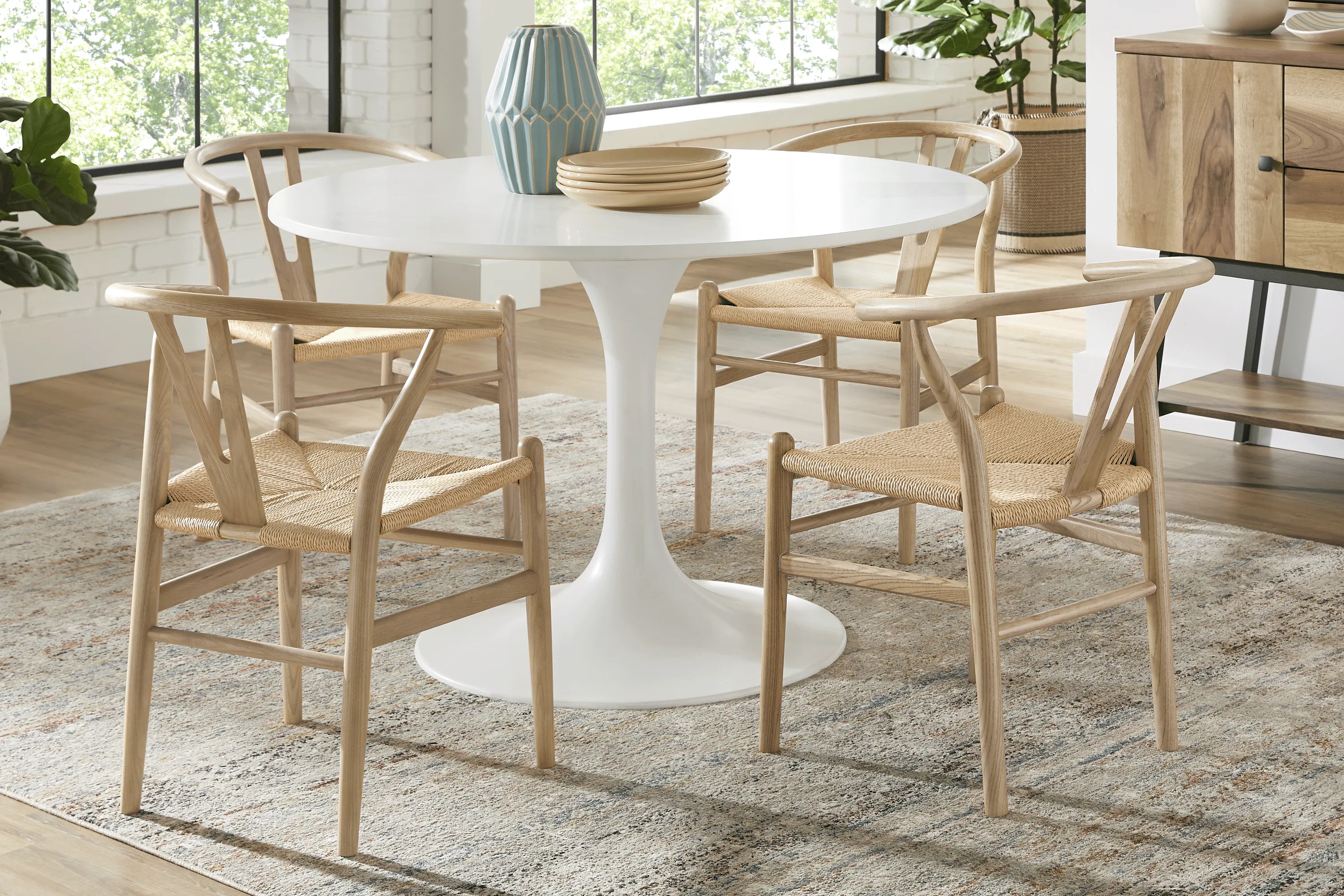 Kaarina White 5 Pc Round Dining Room with Natural Chairs - Thumbnail - Image 1